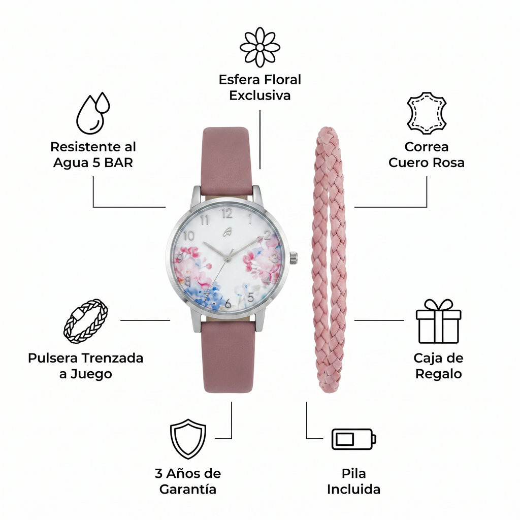 Set Reloj y Pulsera Auriol Mujer Flores Rosa — Esfera Floral + Pila Incluida