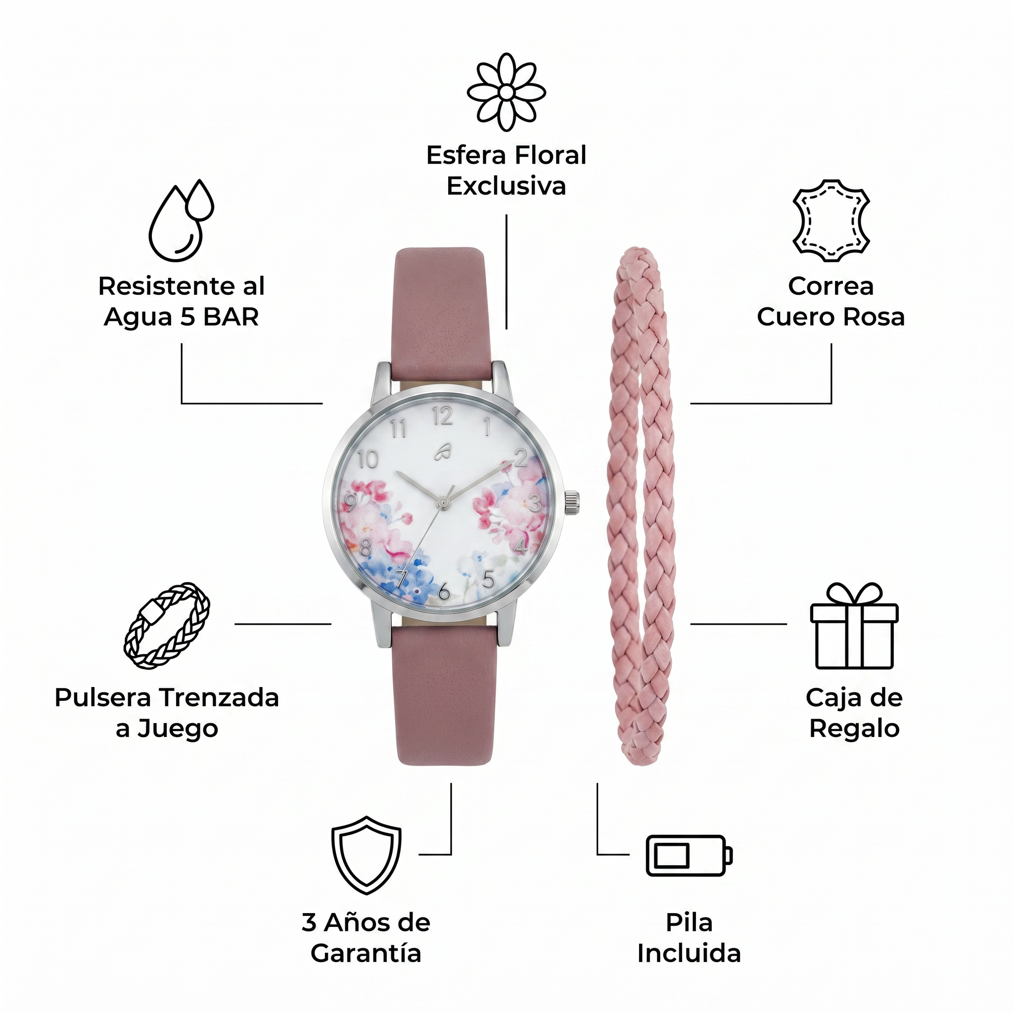 Set Reloj y Pulsera Auriol Mujer Flores Rosa — Esfera Floral + Pila Incluida