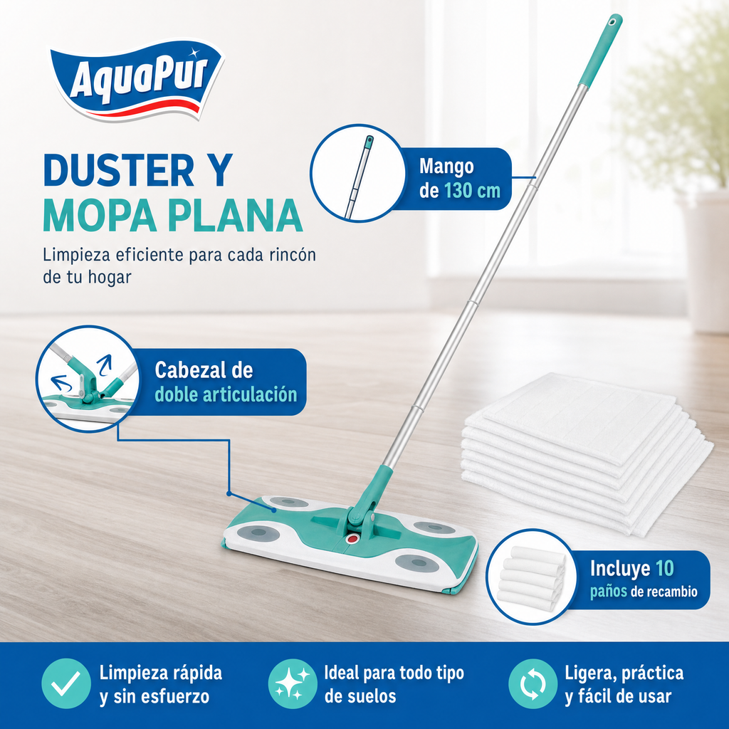 AquaPur Set de limpieza con mopa plana y plumero