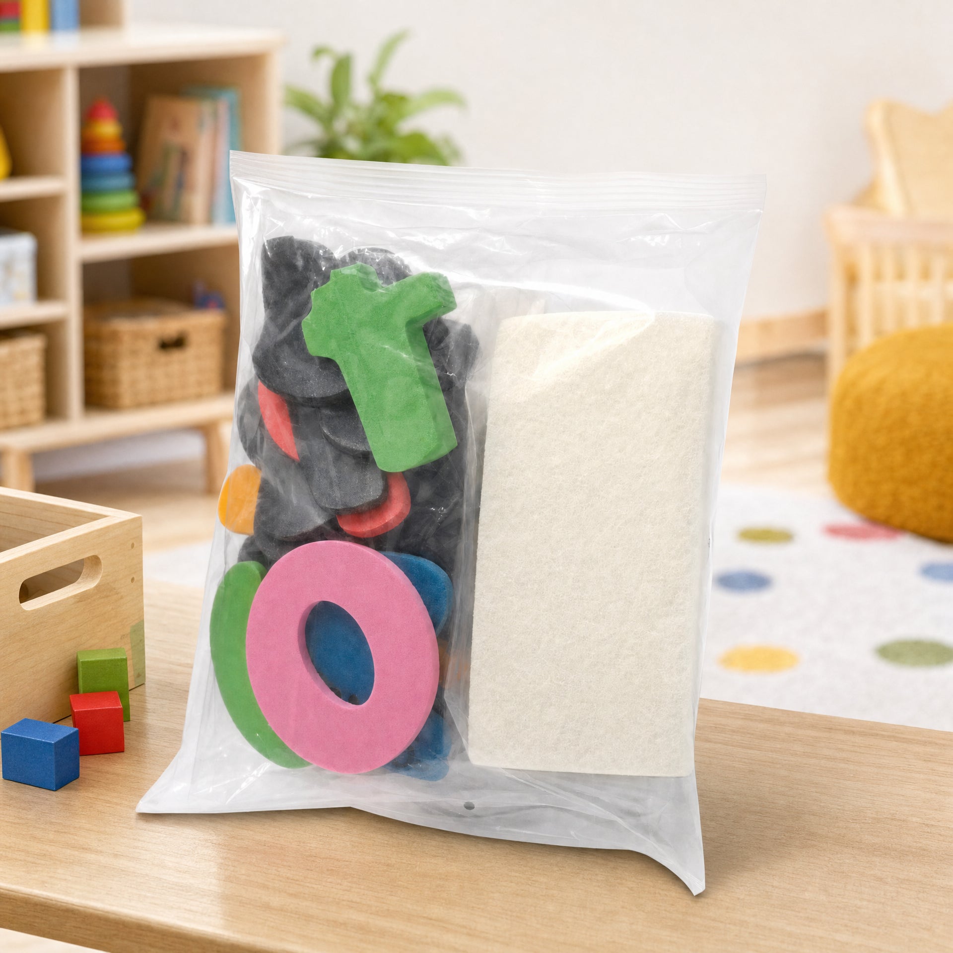 Set de piezas de espuma de colores con letras y bloque blanco en bolsa transparente