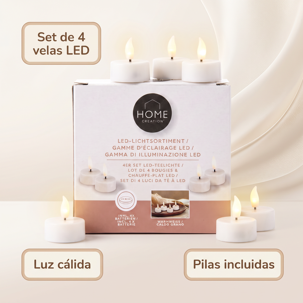 Home Creation Set 4 Velas LED Tipo Té con Pilas