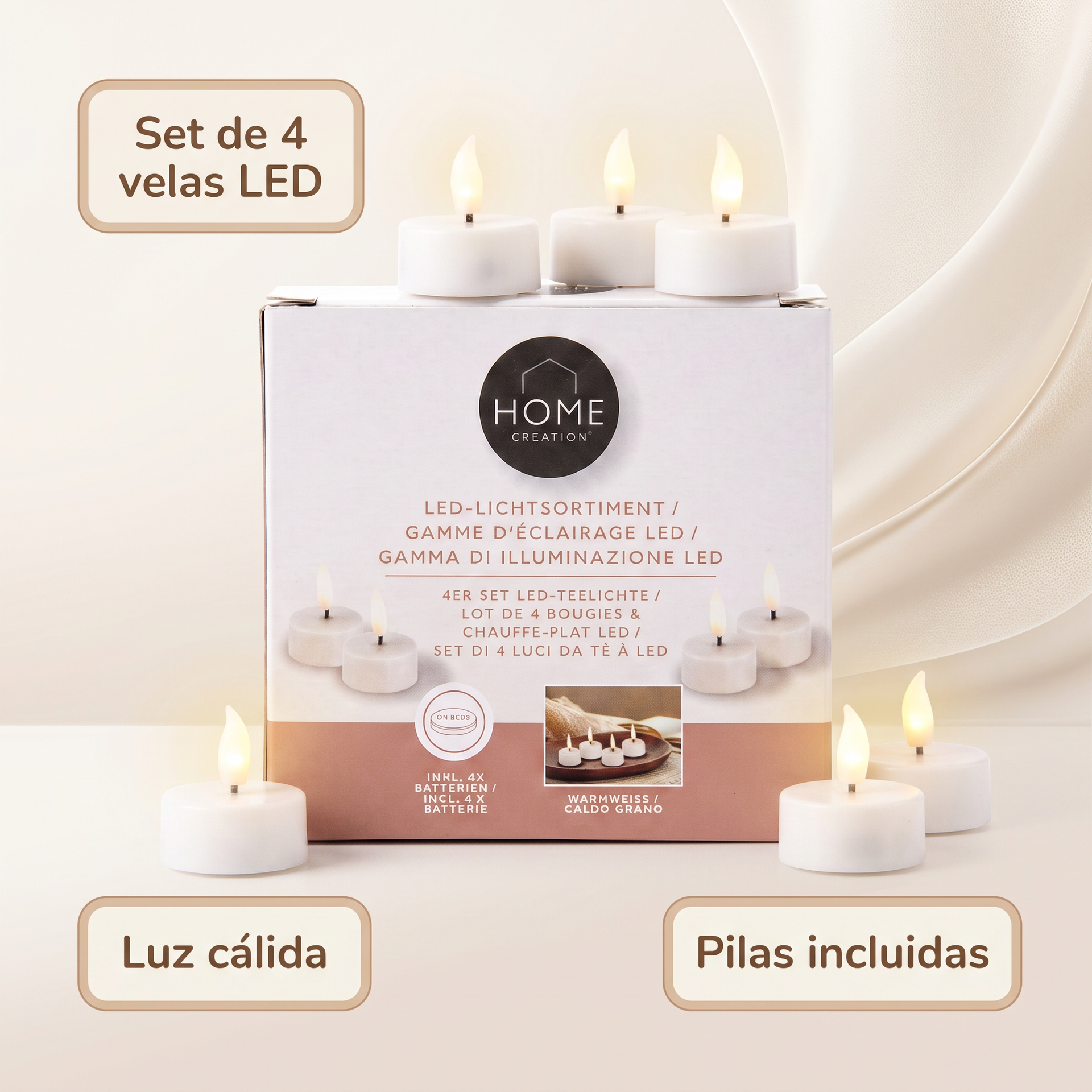Home Creation Set 4 Velas LED Tipo Té con Pilas
