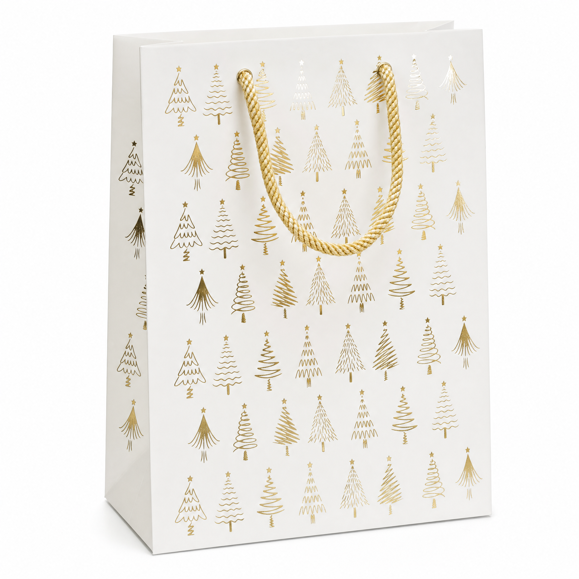 Bolsa de regalo navideña con estampado de árboles dorados y asas trenzadas