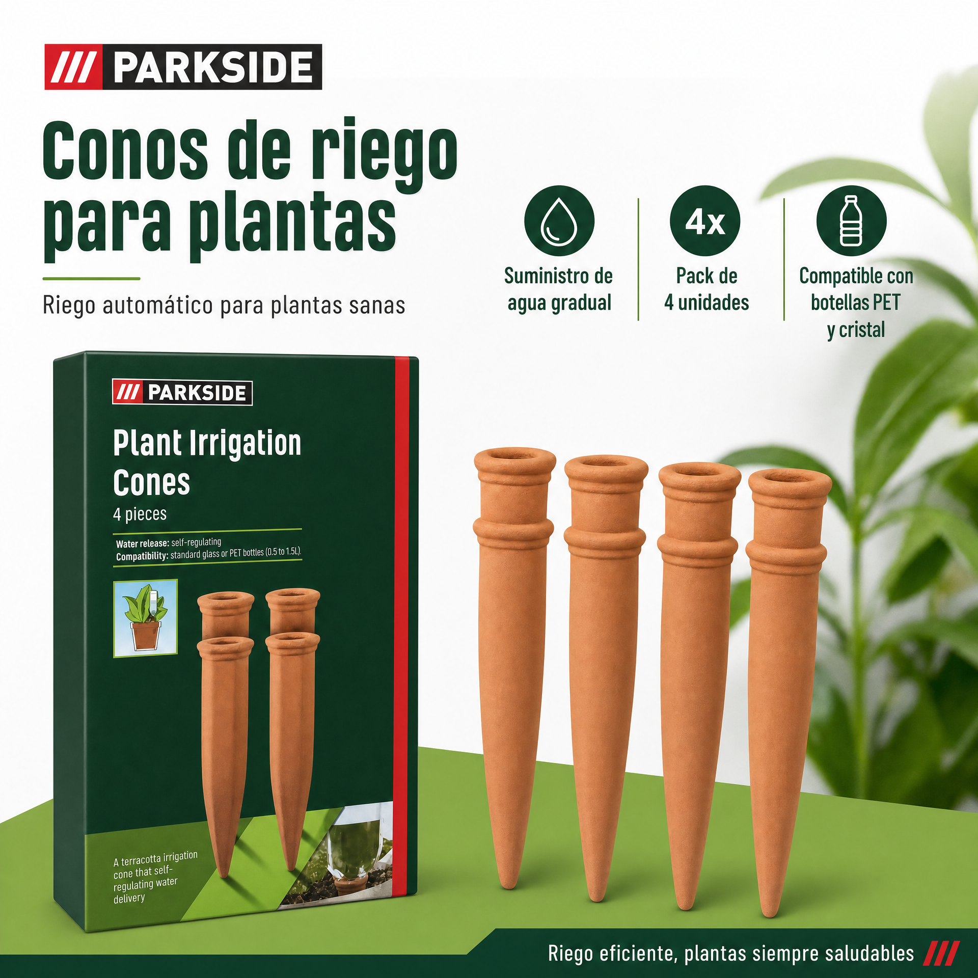 Conos de riego para plantas, suministro gradual de agua, 4 piezas