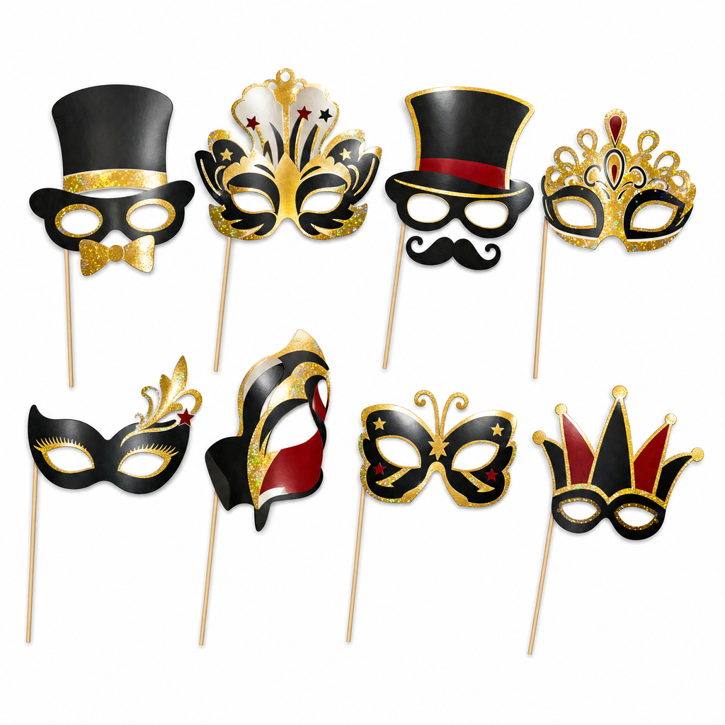 Colección Fiesta - Set de 8 máscaras en palito con detalles dorados