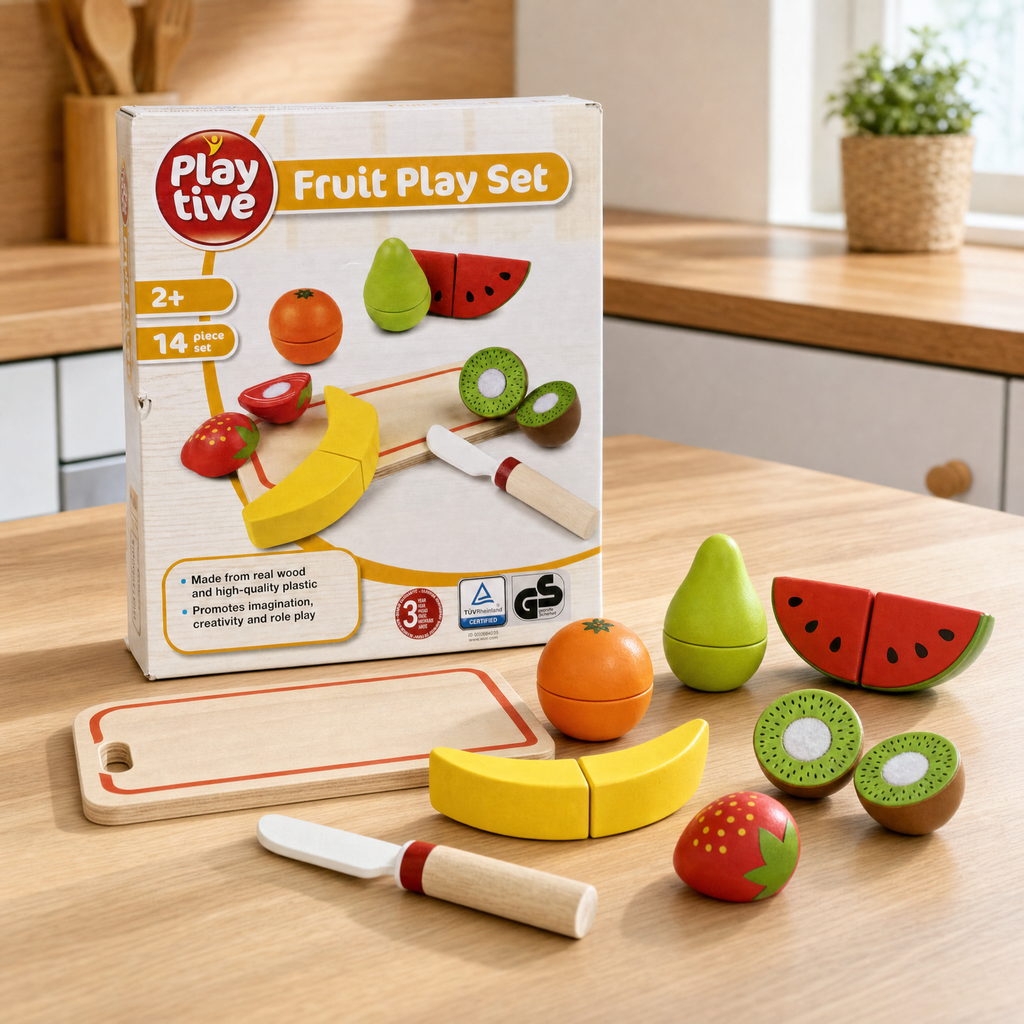 Playtive Juego de Frutas para Cortar de Madera, 14 Piezas