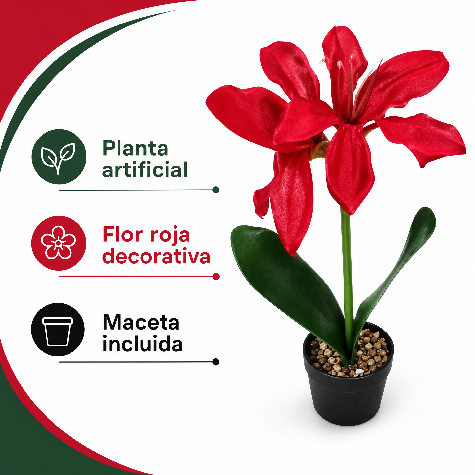 Planta artificial decorativa con flor roja en maceta negra