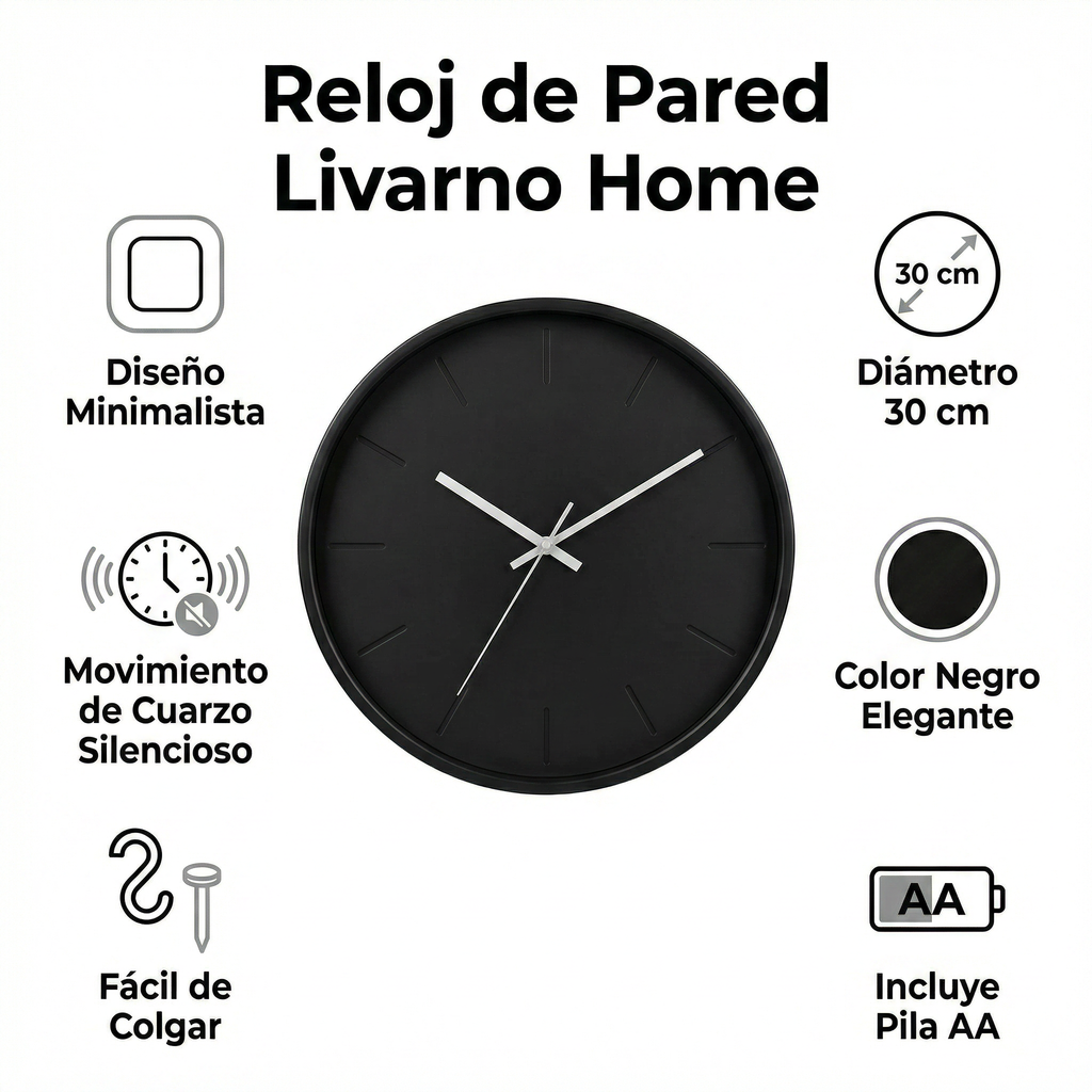 Reloj de Pared Minimalista Livarno Home Negro 30cm