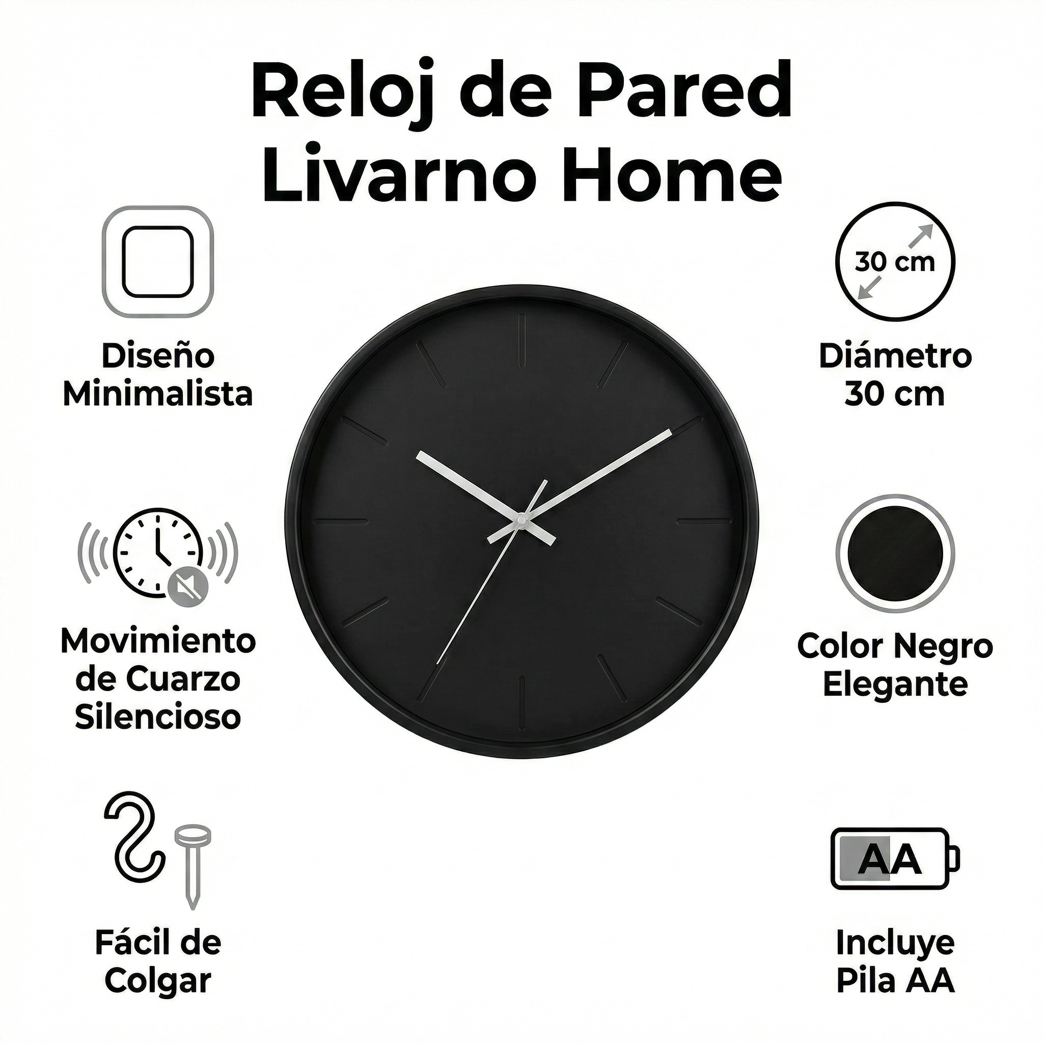 Reloj de Pared Minimalista Livarno Home Negro 30cm
