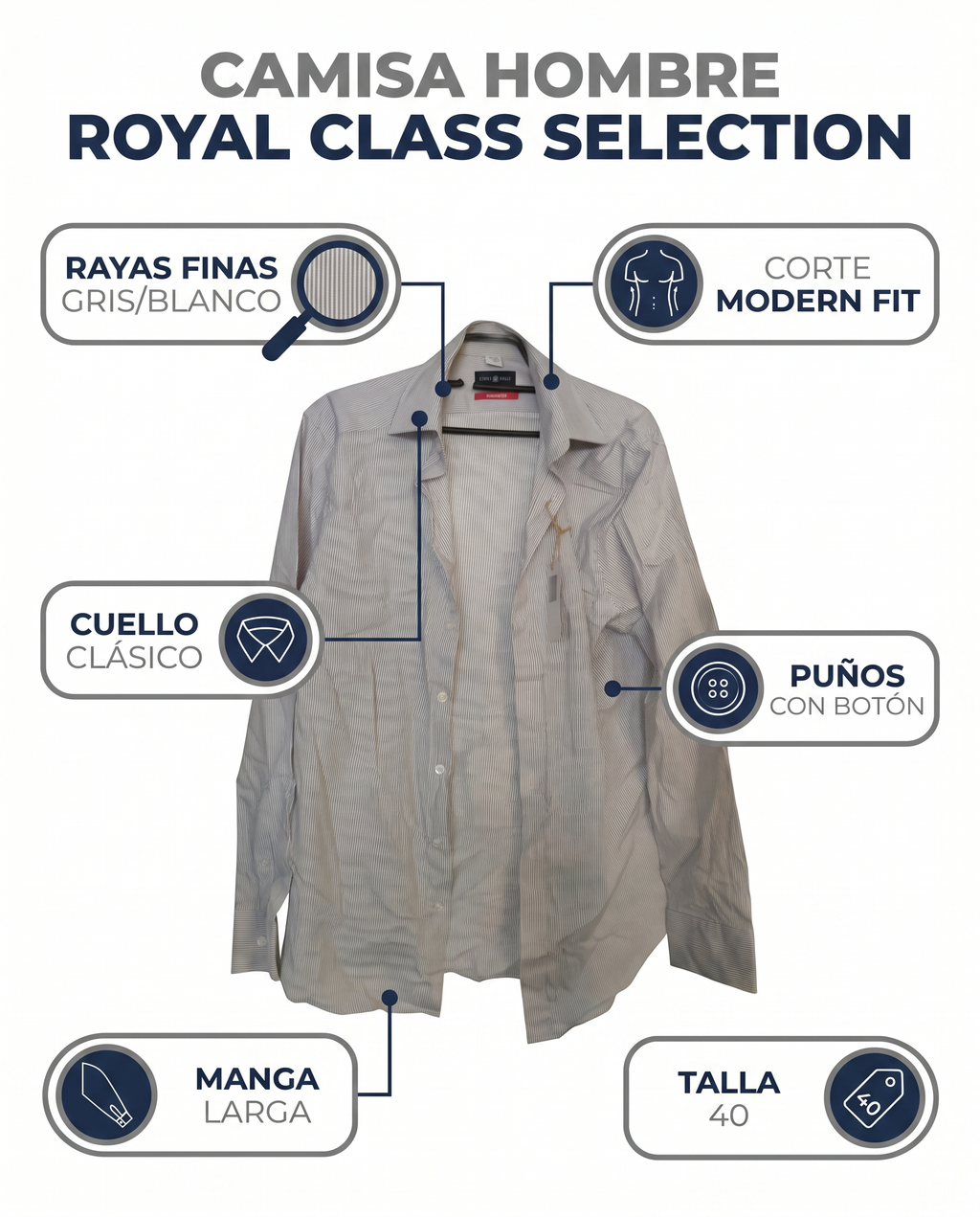 Camisa Hombre Royal Class Selection — Rayas Grises