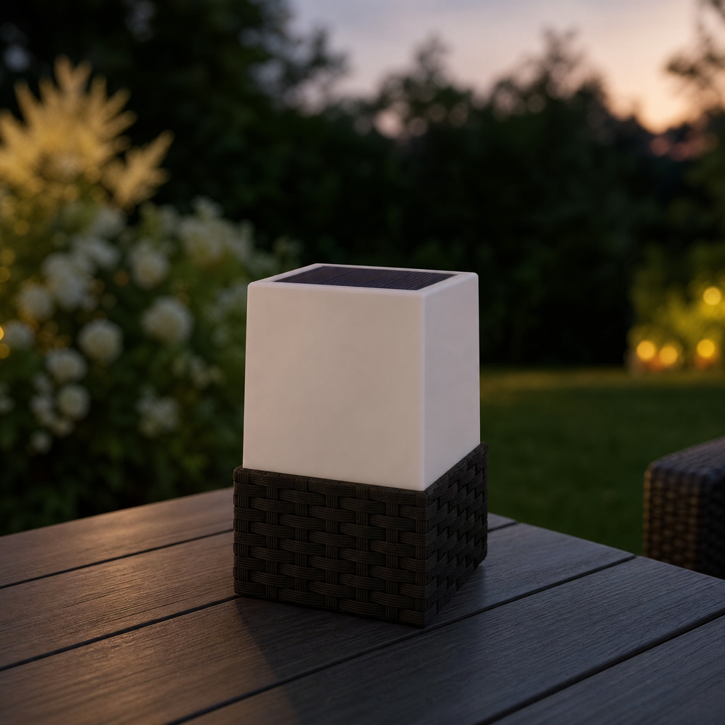 Livarno lámpara solar LED cúbica con base efecto mimbre