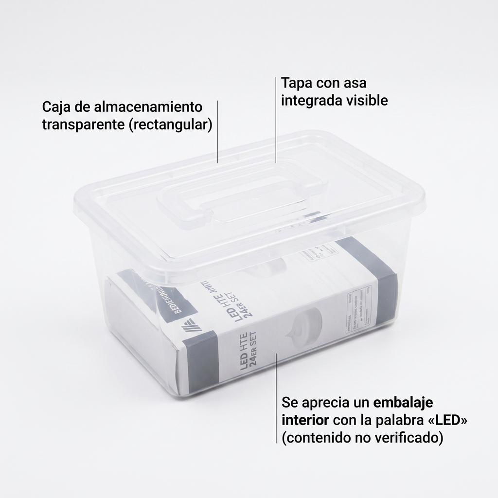Caja de almacenaje rectangular transparente con tapa y asa integrada