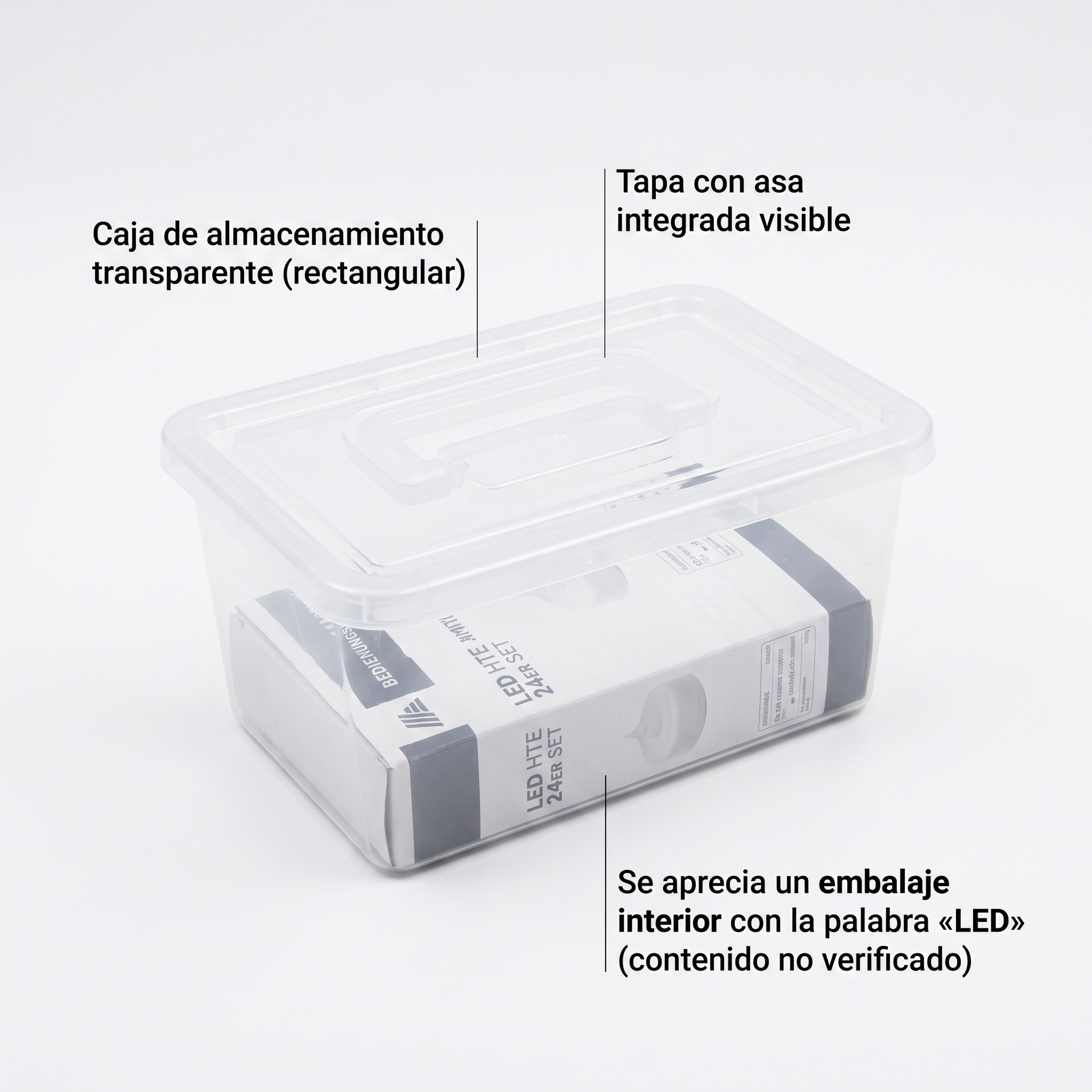 Caja de almacenaje rectangular transparente con tapa y asa integrada