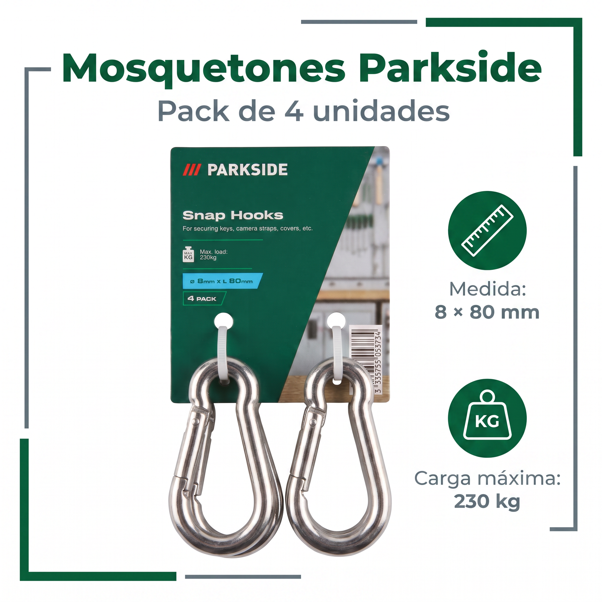 Parkside Mosquetones 8 × 80 mm — Pack de 4