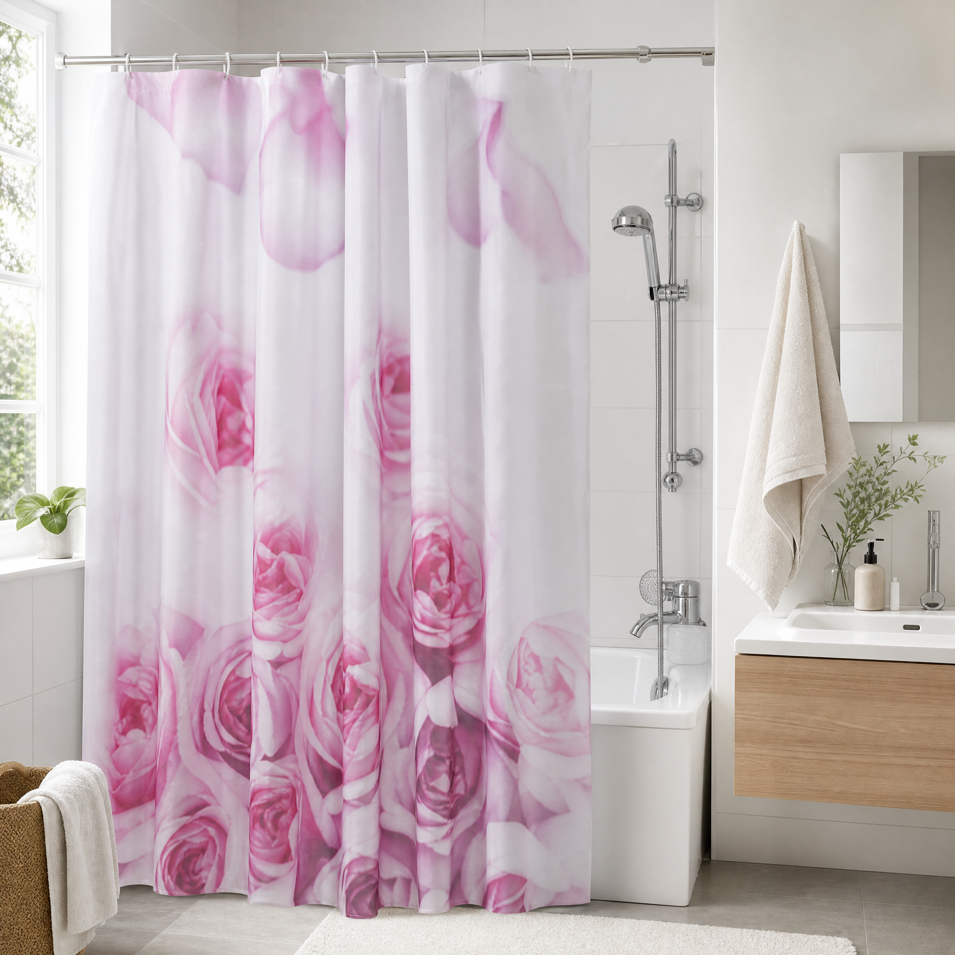 Cortina de Ducha LIVARNO home Estampado Floral Rosa 180x200 cm