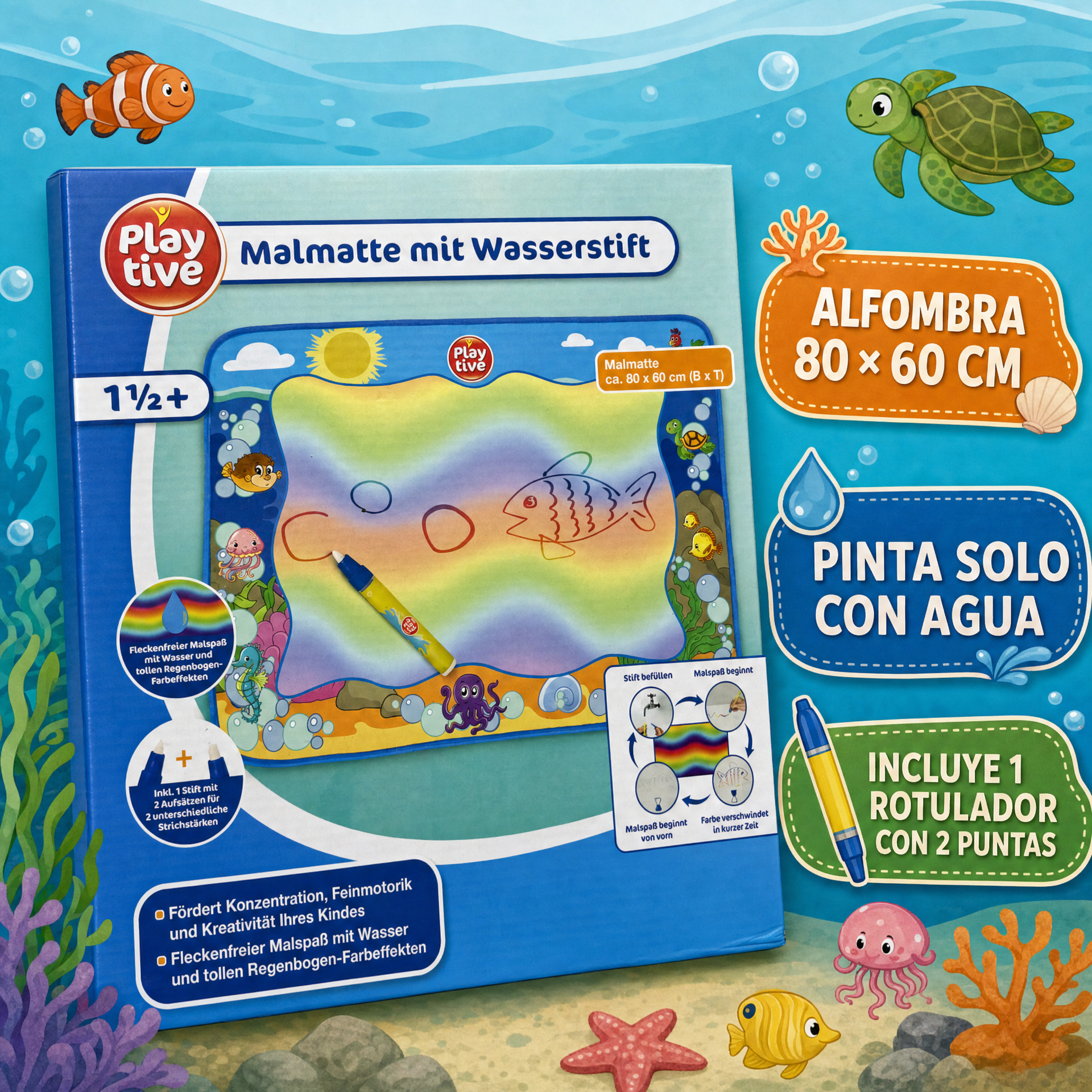 Playtive Alfombra Mágica de Agua Océano 80 × 60 cm