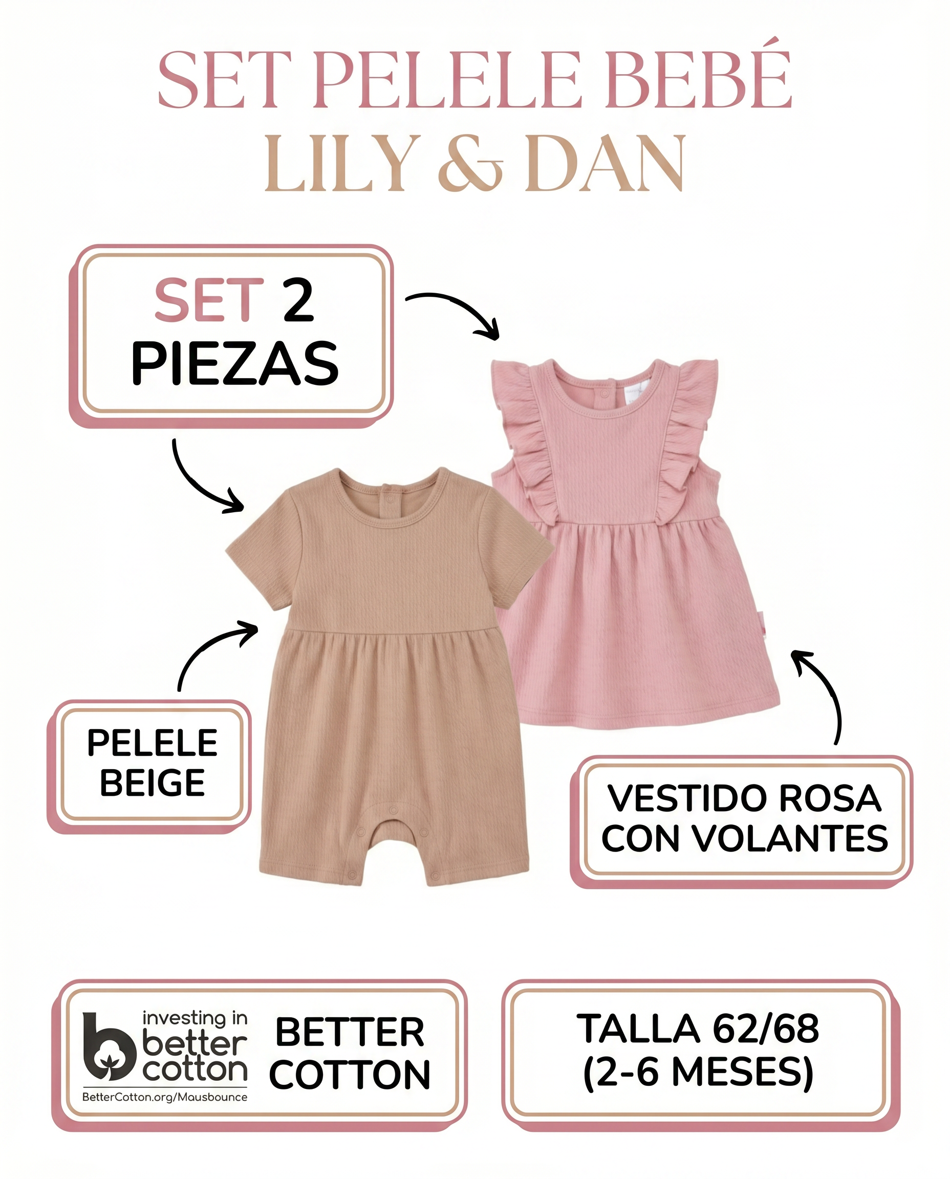 Set Pelele Bebé Lily & Dan — Rosa y Beige