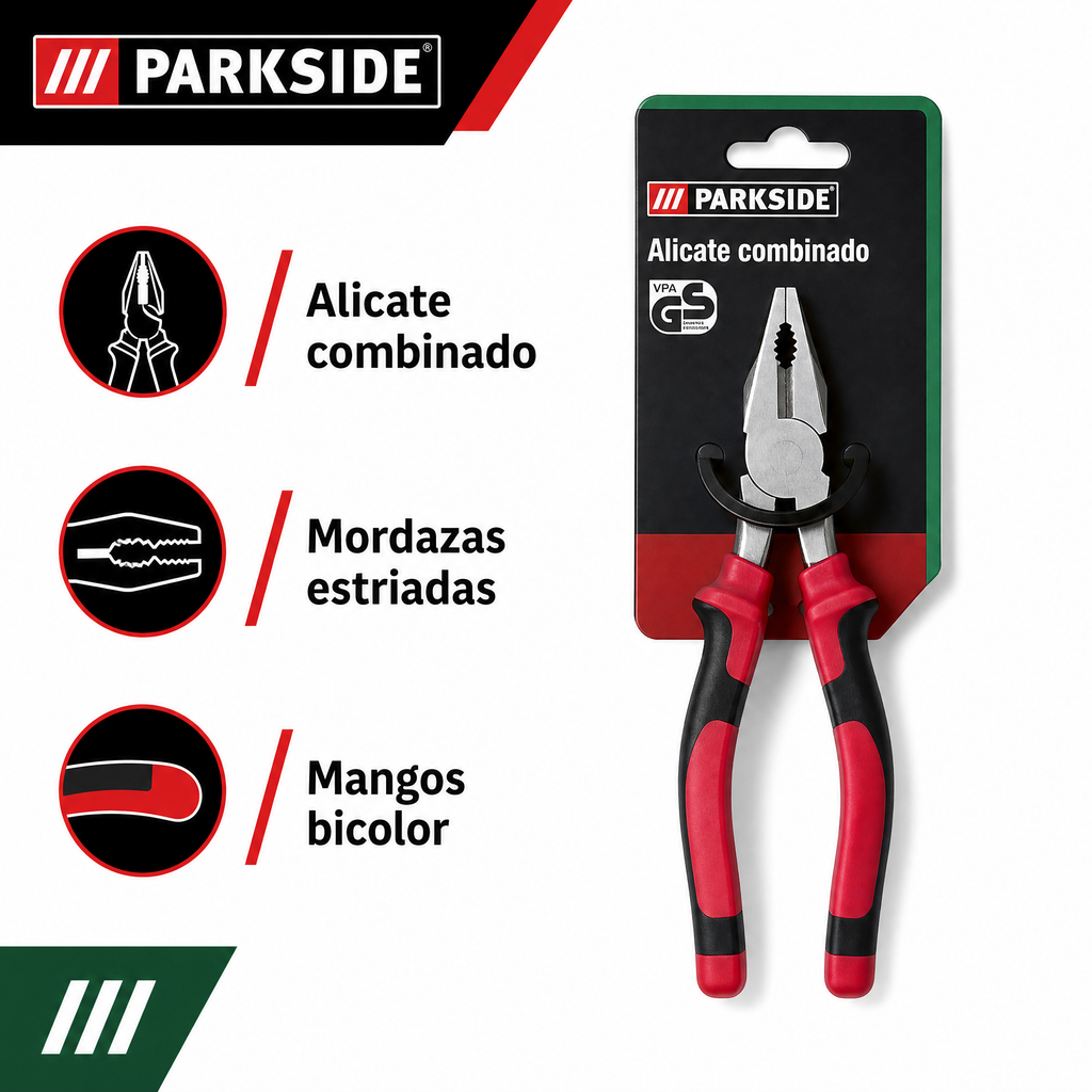 Parkside alicate combinado con empuñaduras rojas y negras
