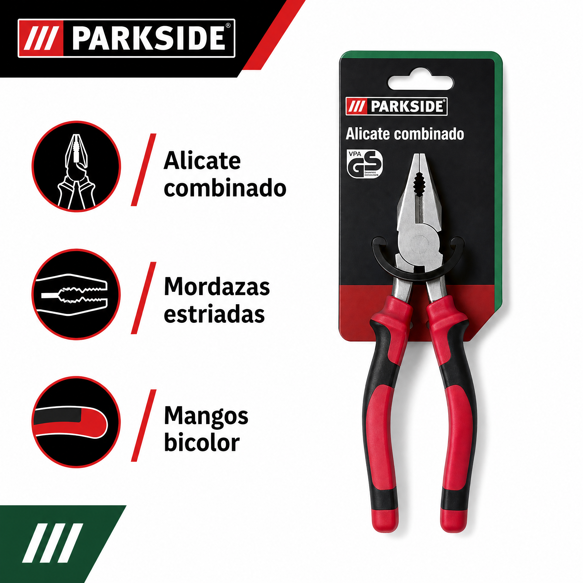 Parkside alicate combinado con empuñaduras rojas y negras