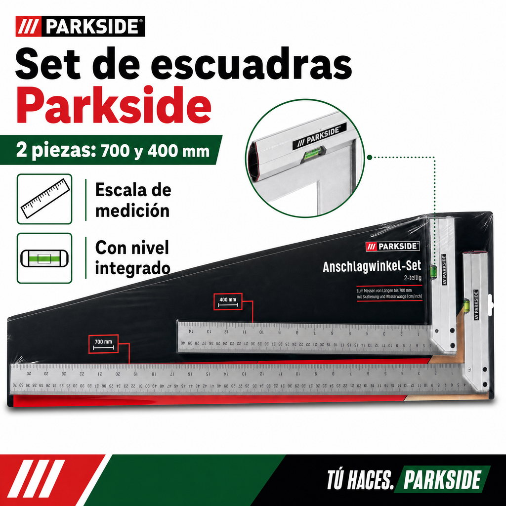 Parkside Set de 2 Escuadras de Tope con Nivel 700 y 400 mm