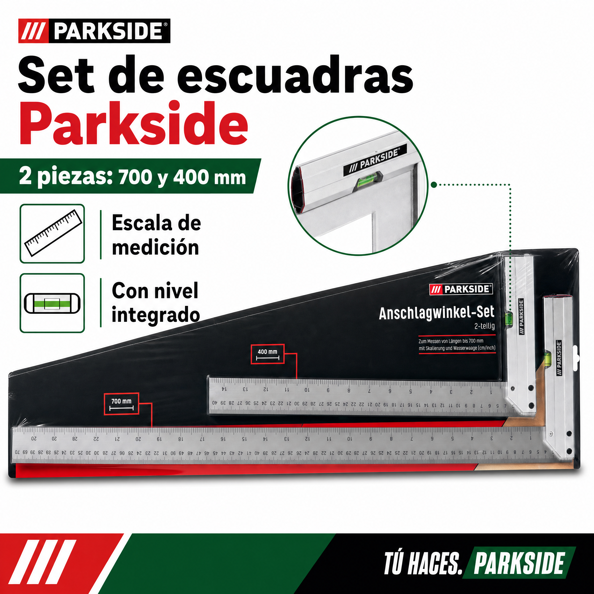 Parkside Set de 2 Escuadras de Tope con Nivel 700 y 400 mm
