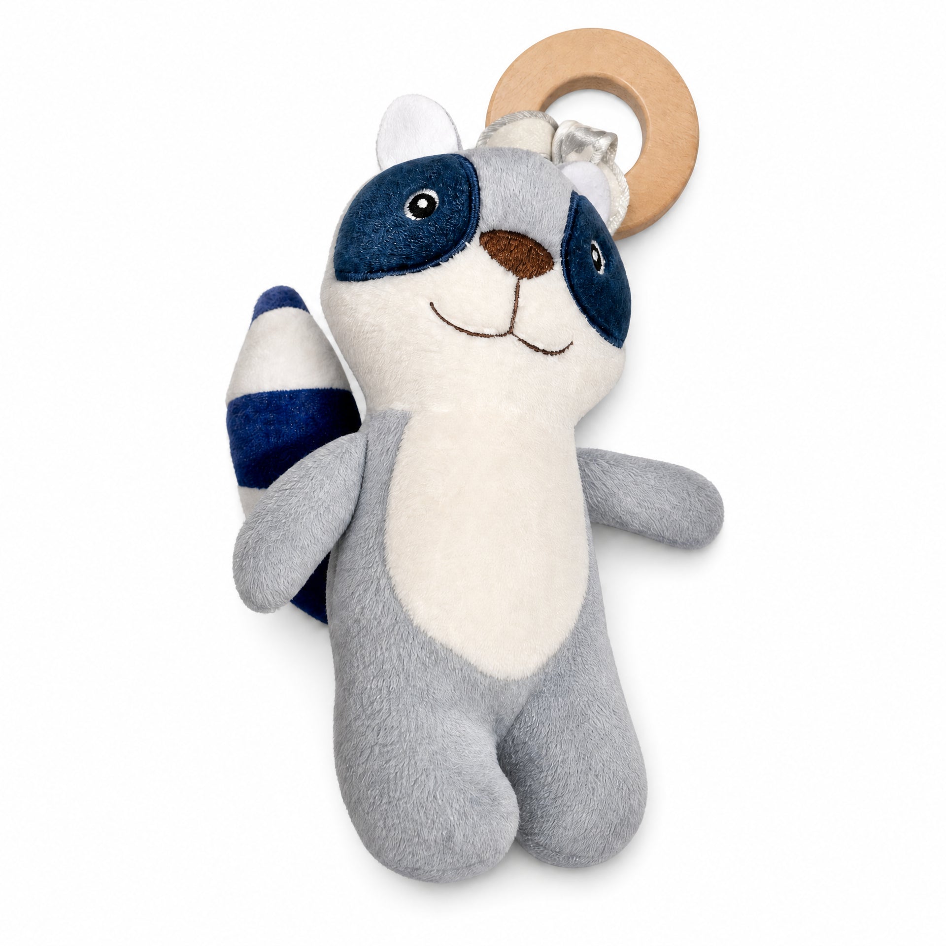 Peluche mapache gris, blanco y azul con aro de madera y cola con franjas azules