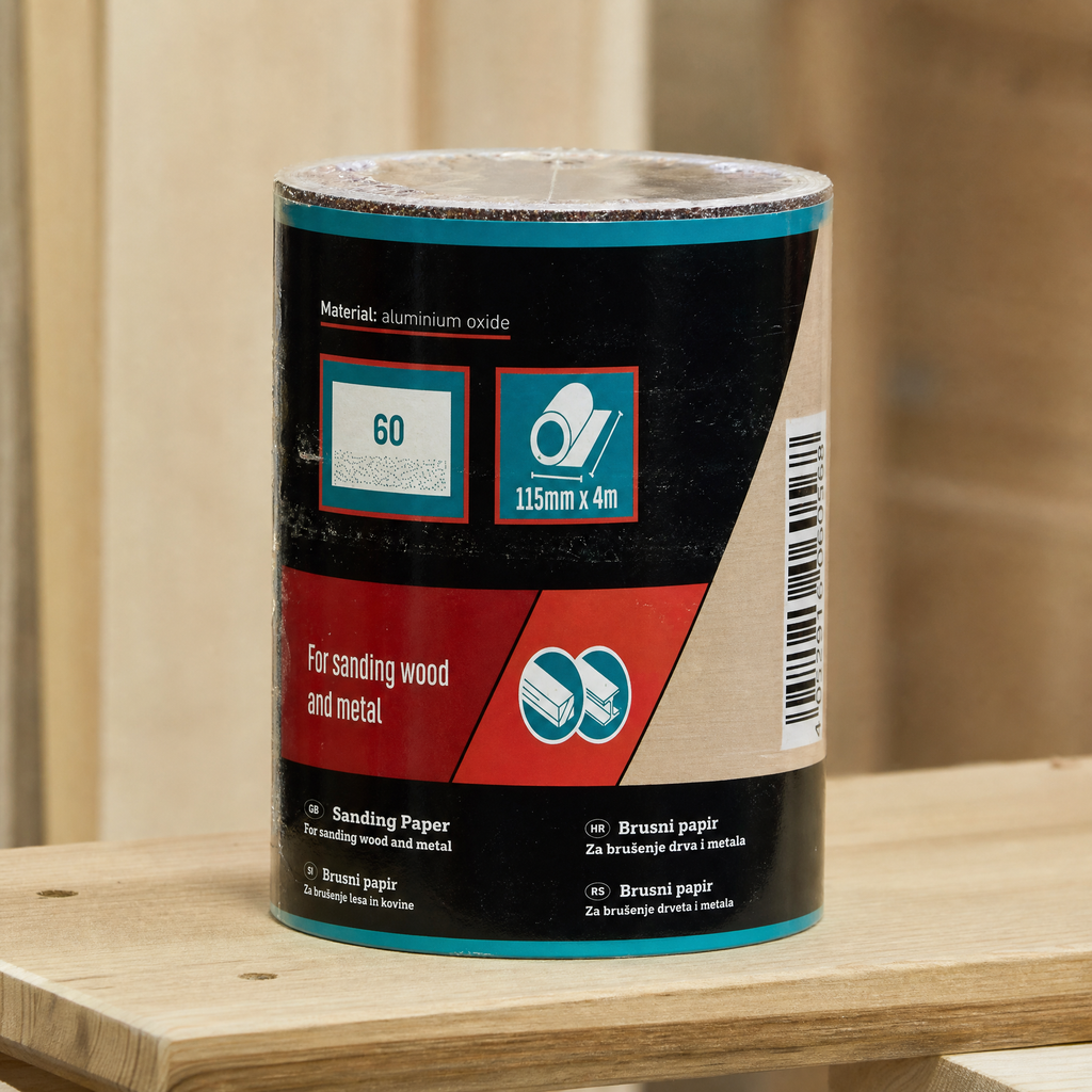 Rollo de papel de lija 115 mm x 4 m, grano 60 para madera y metal