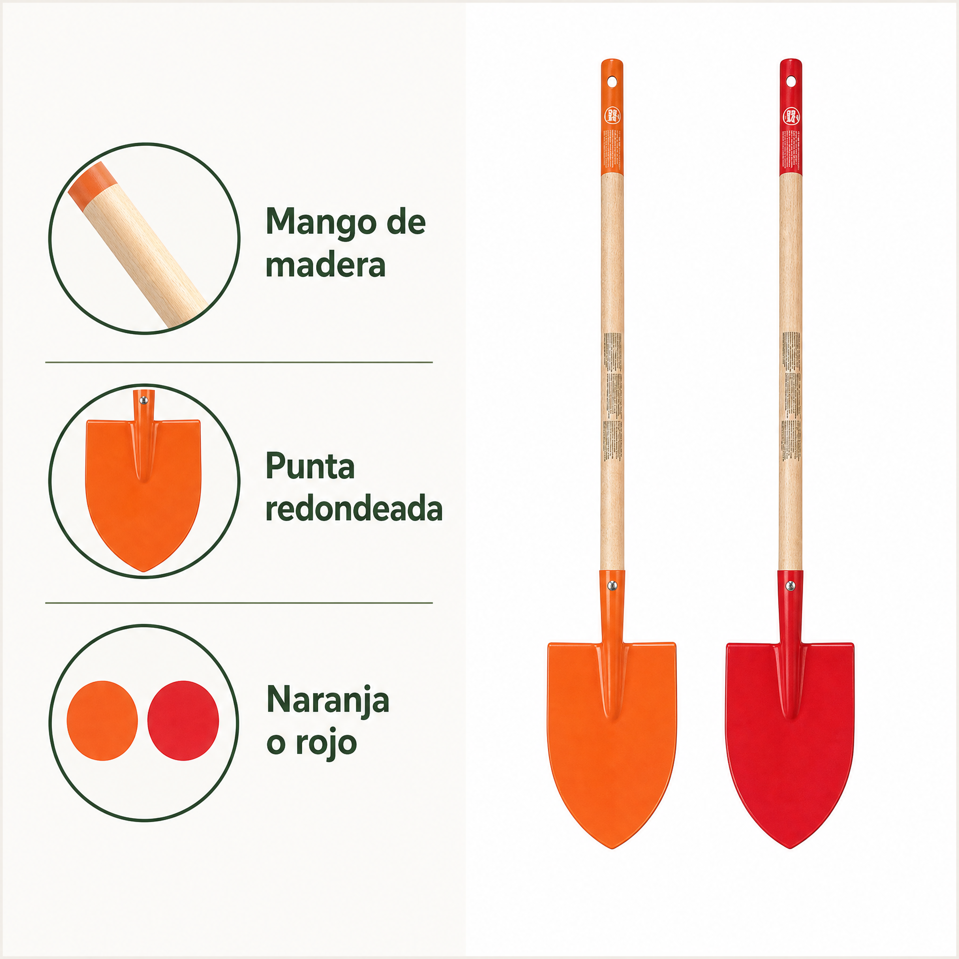 Pala de jardín con mango de madera — colores naranja y rojo
