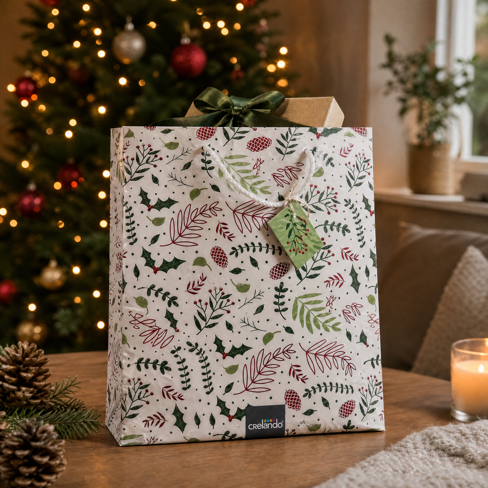 Crelando set de 4 bolsas de regalo navideñas con asas de cordón y etiqueta a juego