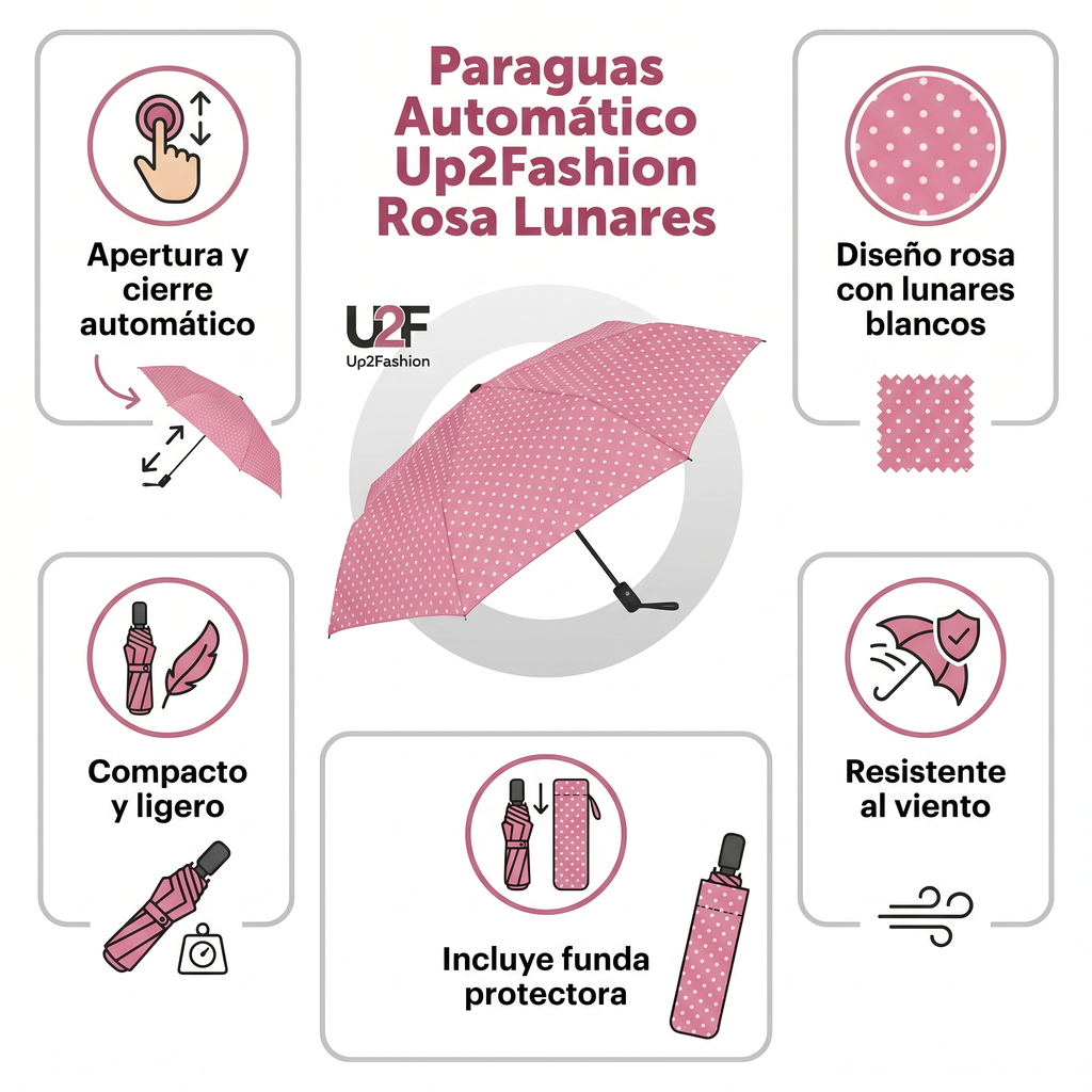 Paraguas Automático Up2Fashion — Rosa con Lunares
