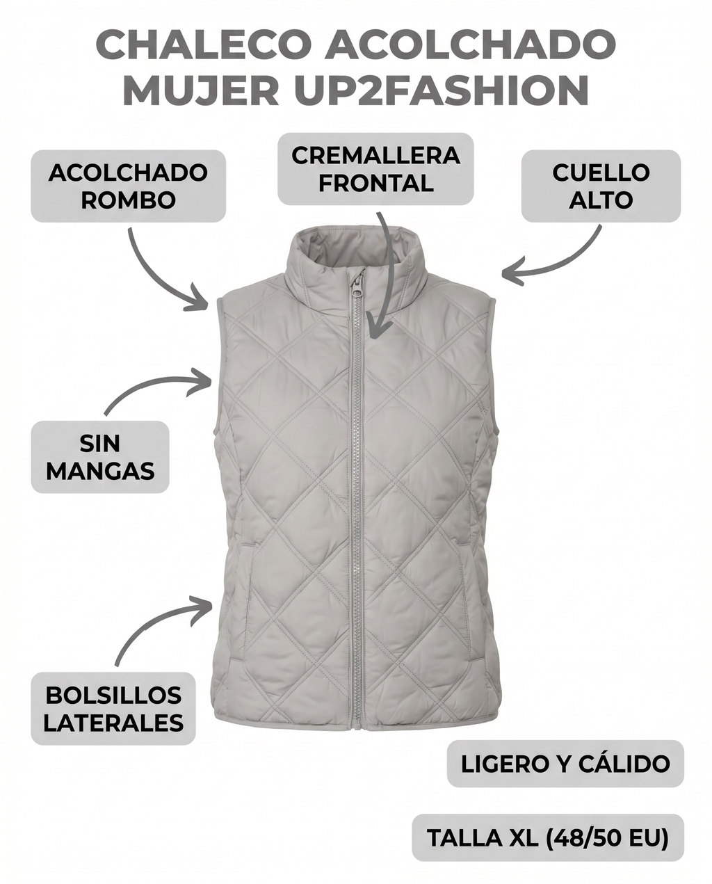 Chaleco Acolchado Mujer Up2Fashion — Gris Claro