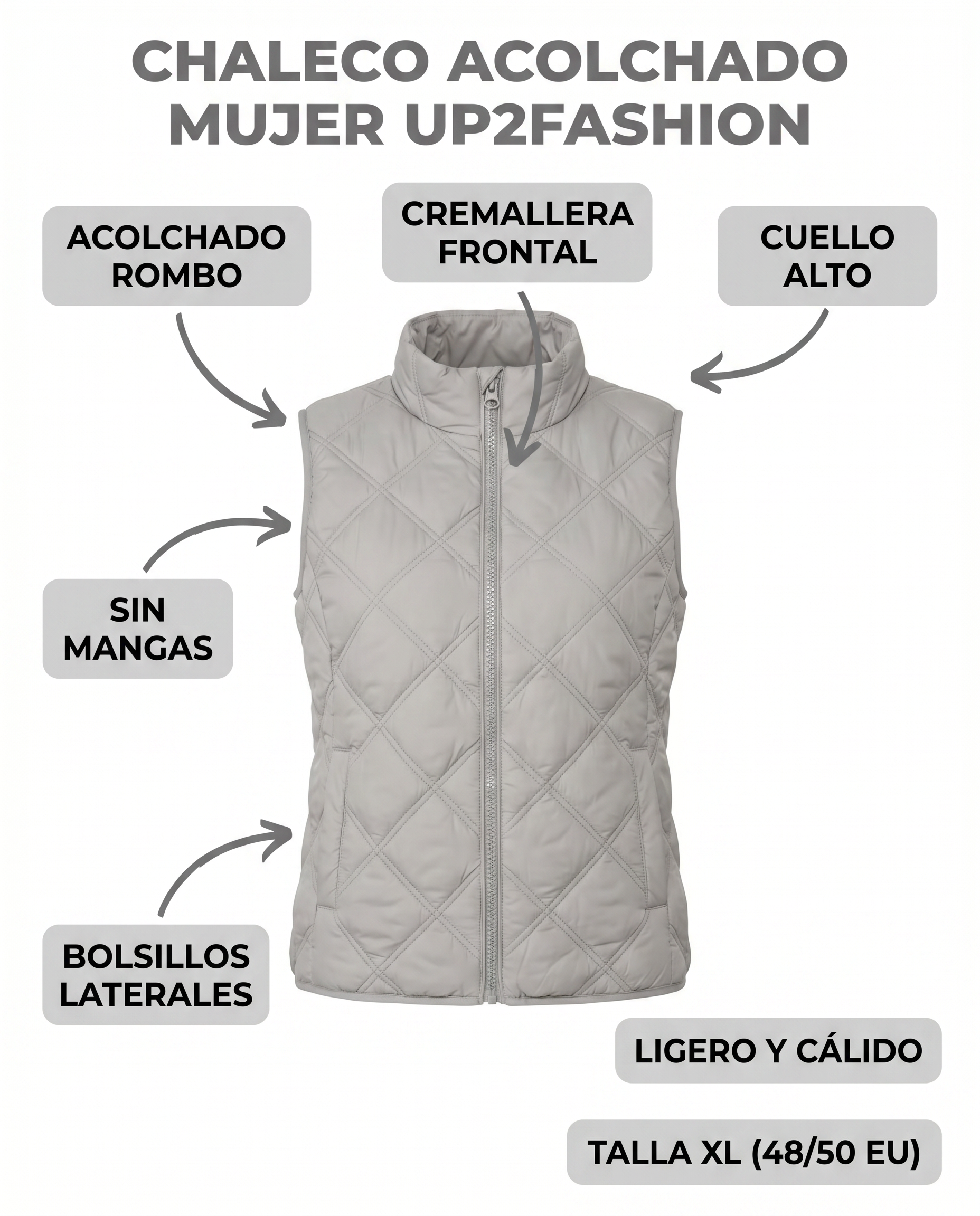 Chaleco Acolchado Mujer Up2Fashion — Gris Claro