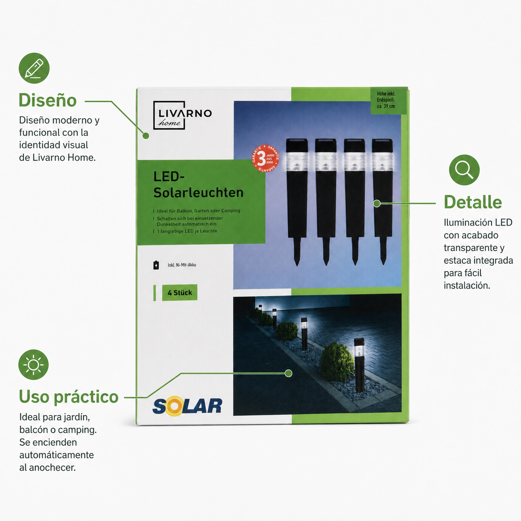 Livarno Luces solares LED de jardín pack de 4 con estacas y encendido automático