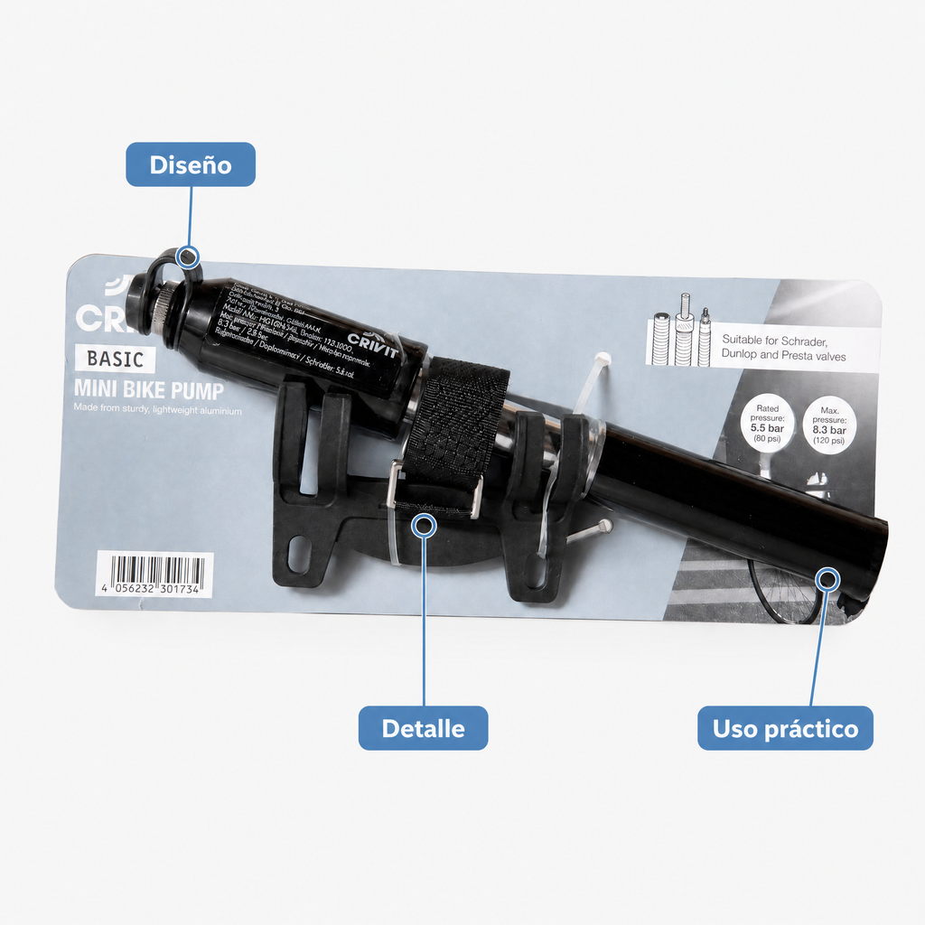 Minibomba para bicicleta Crivit compacta y ligera