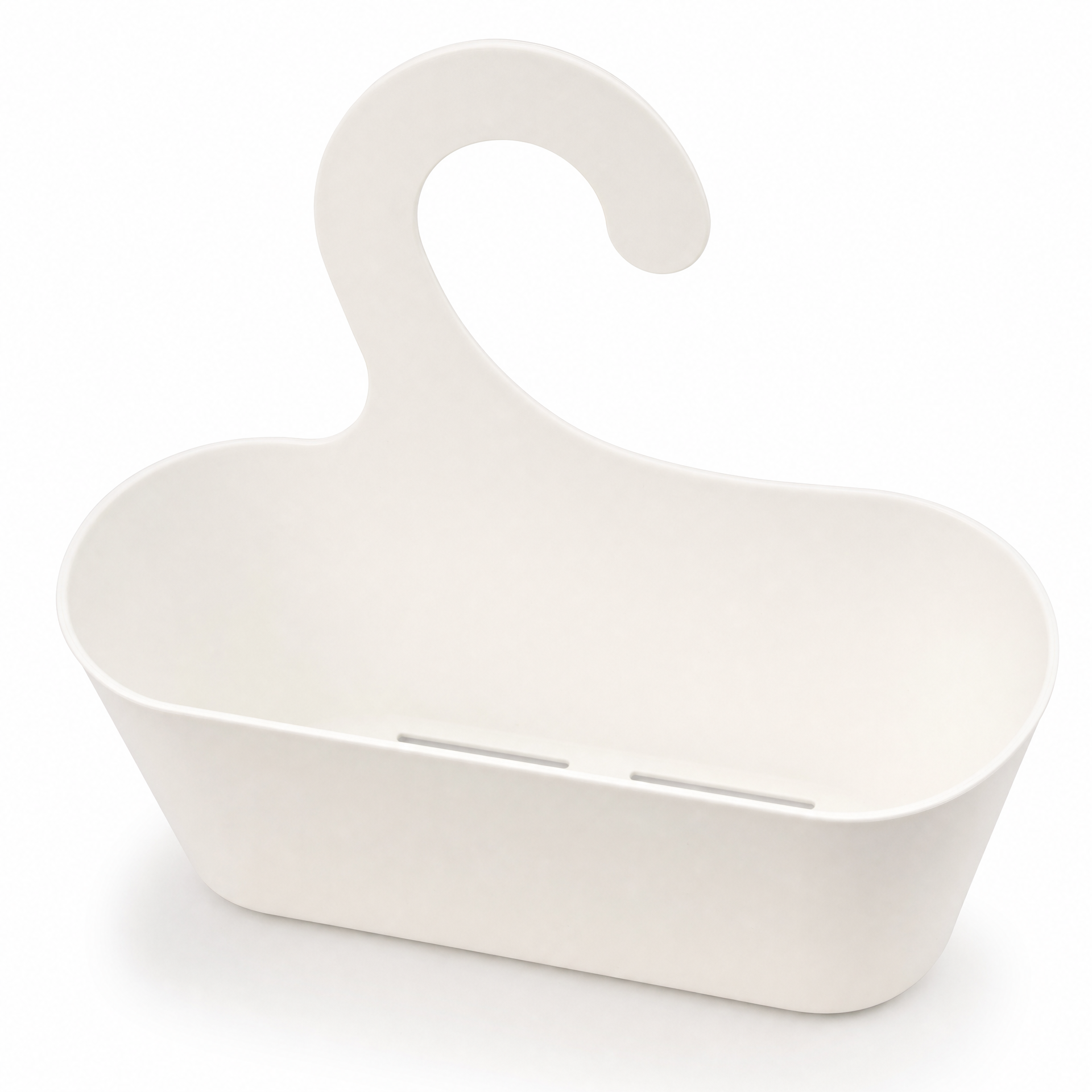 Cesta colgante blanca con gancho integrado y ranuras de drenaje