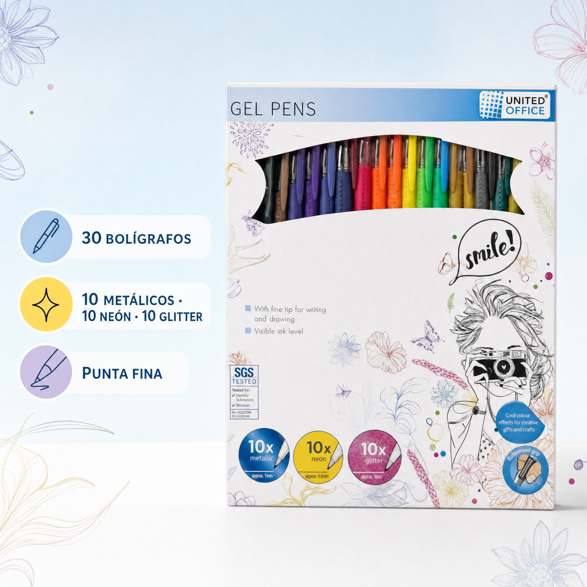 United Office Set de 30 Bolígrafos de Gel Smile