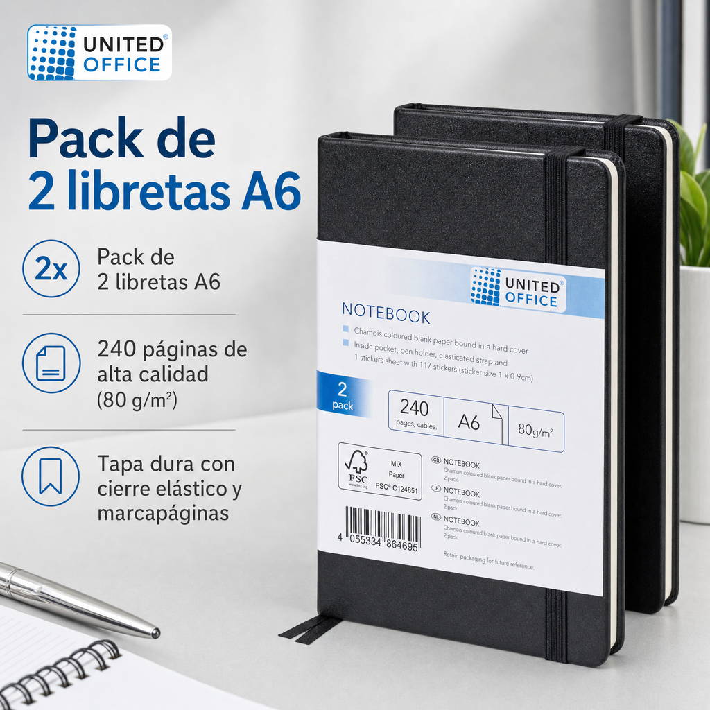 United Office pack de 2 libretas A6 tapa dura cierre elástico 240 páginas cinta marcapáginas