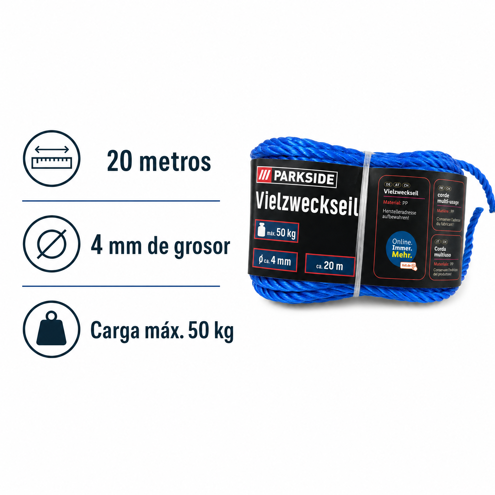 Parkside Cuerda Multiusos Azul 20 m 50 kg