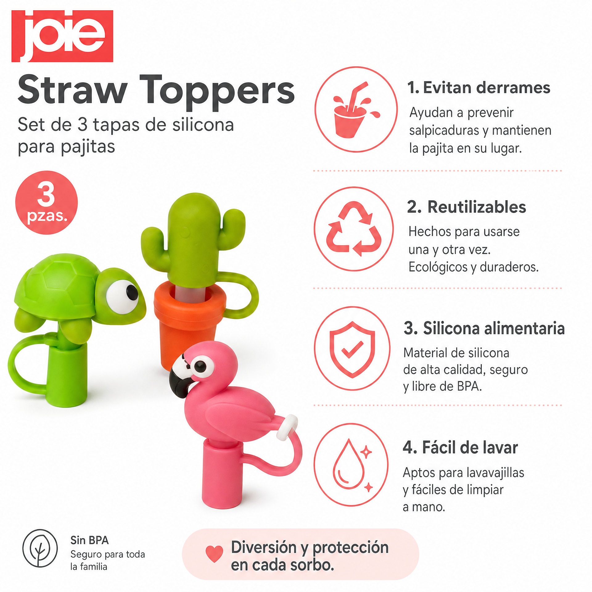 Joie Straw Toppers Cobertores Silicona Pajitas (Set de 3)