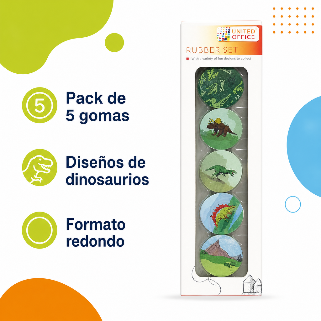 United Office - Gomas de borrar redondas con motivos de dinosaurios