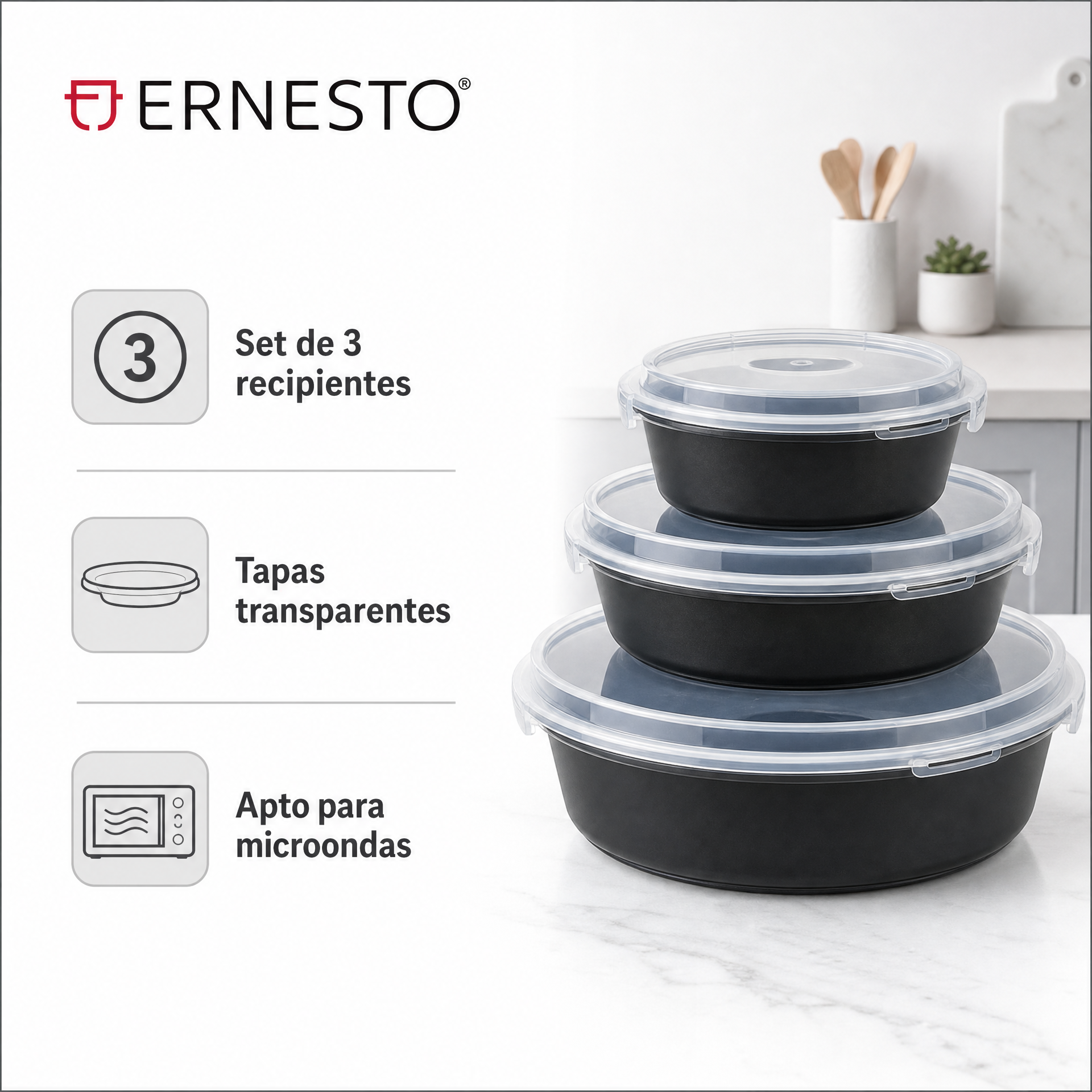 Ernesto set de 3 recipientes aptos para microondas con tapas transparentes