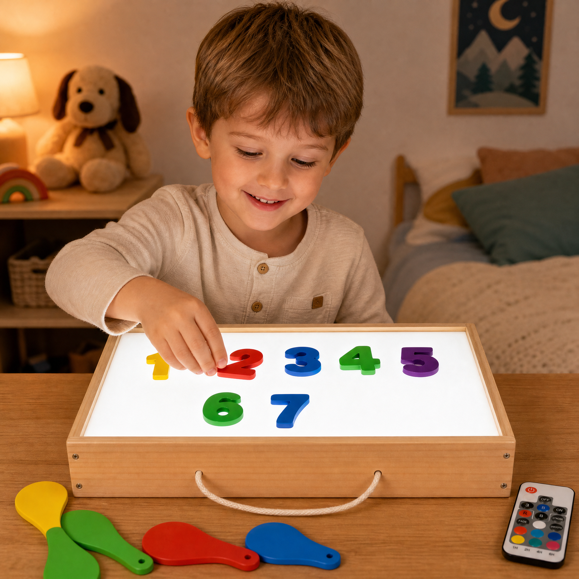 Mesa de Luz Playtive Wooden Light Box — Panel LED Multicolor con Mando a Distancia, 18 Piezas