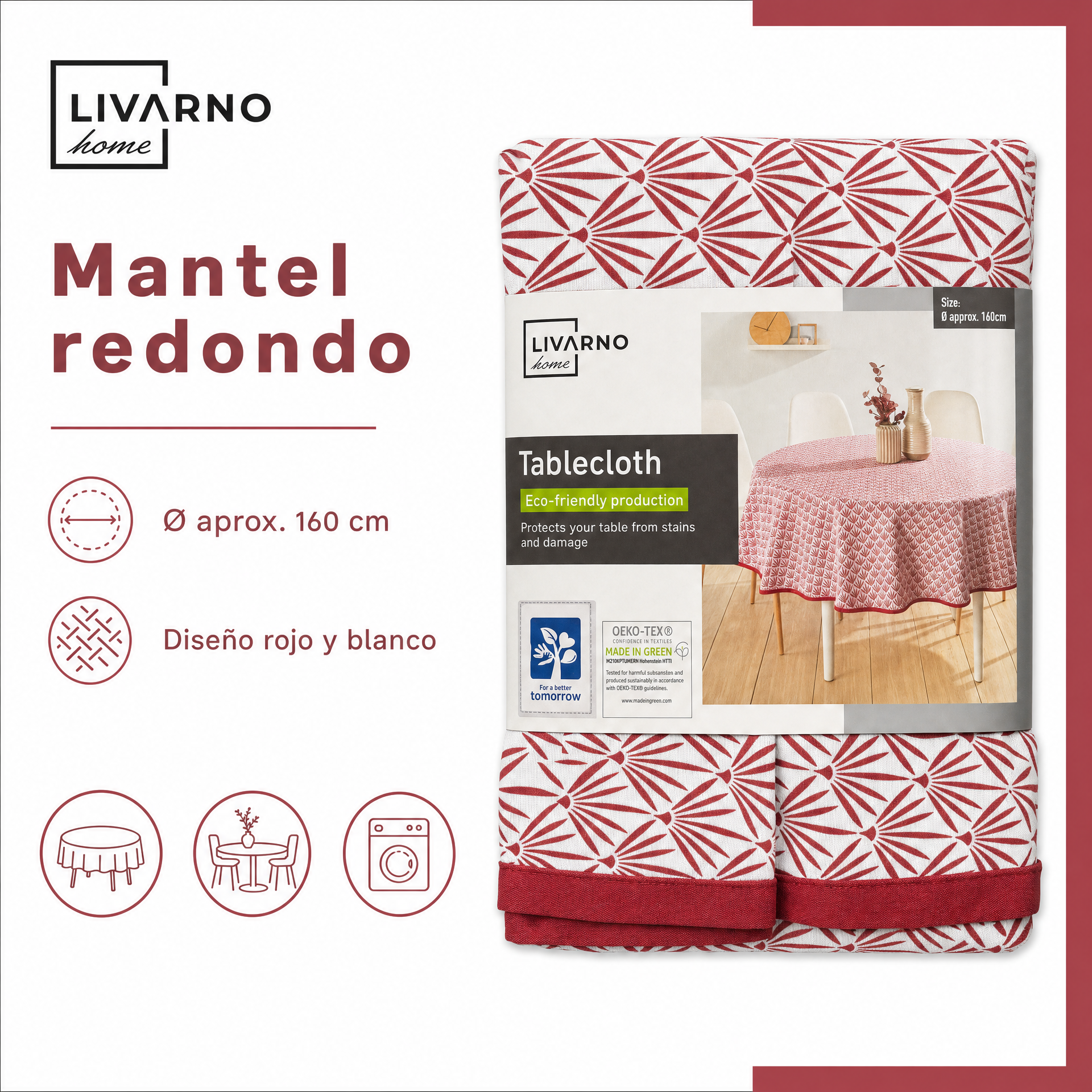Livarno Home Mantel Redondo Rojo y Blanco Ø 160 cm