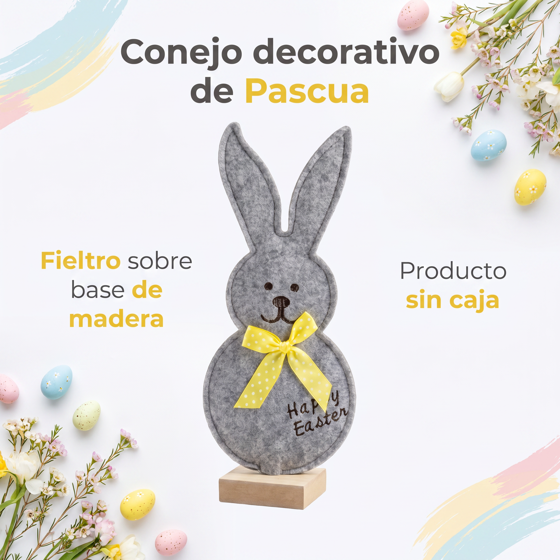 Conejo Decorativo de Pascua de Fieltro con Base de Madera — Sin Caja