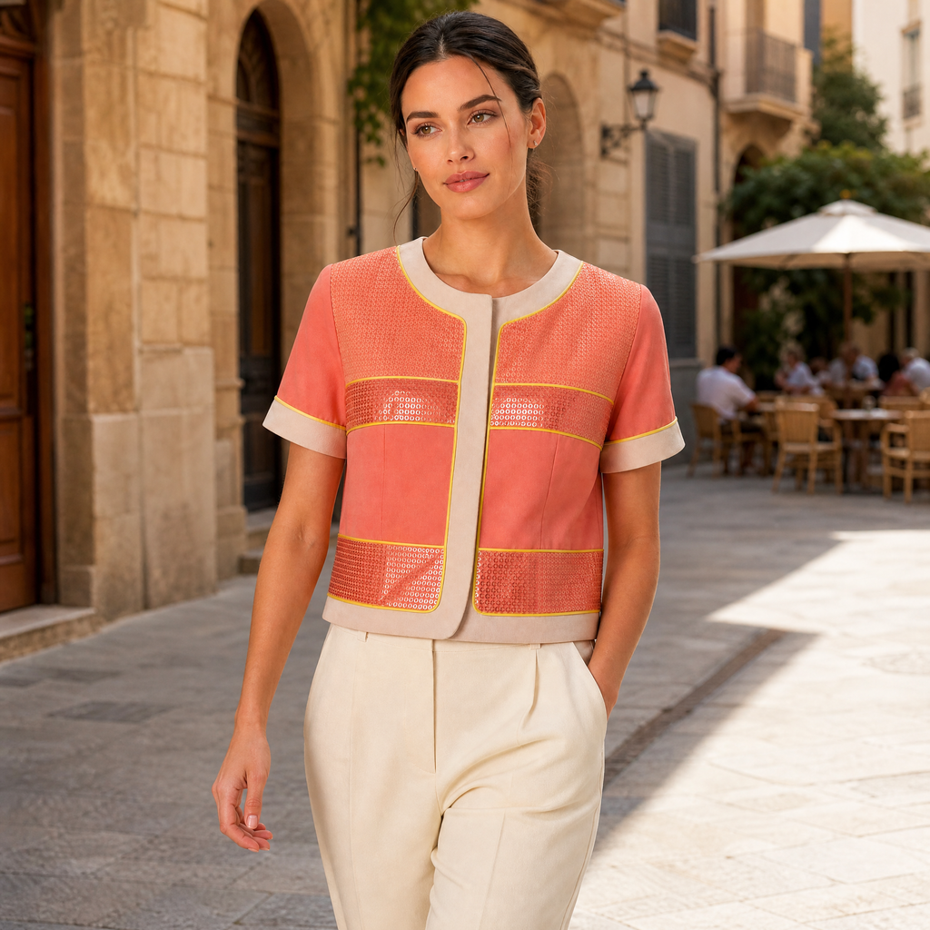 Chaqueta con Lentejuelas Verde y Coral · Tallas 38–48 | ANANY