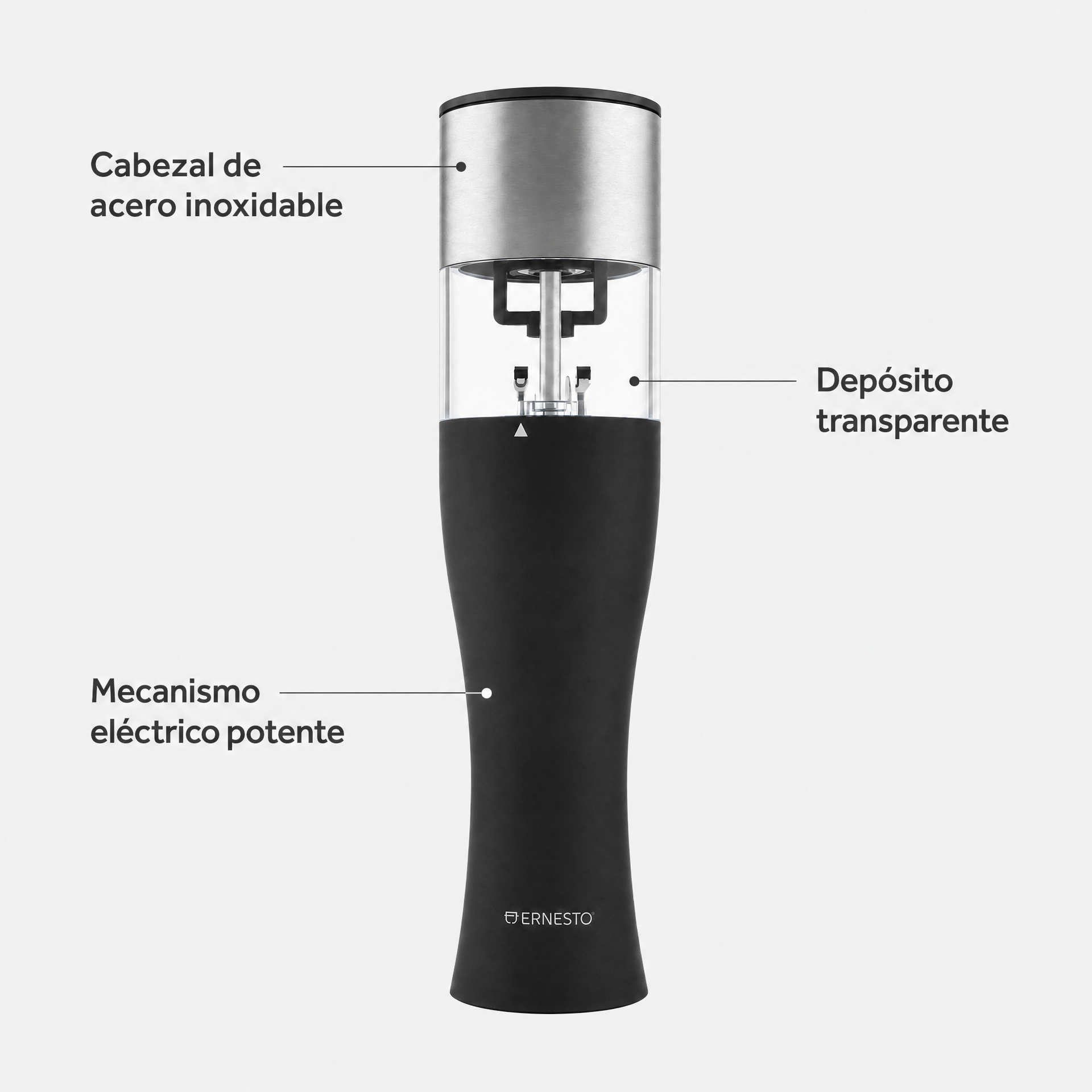 Molinillo eléctrico para sal y pimienta con depósito transparente y tapa cilíndrica