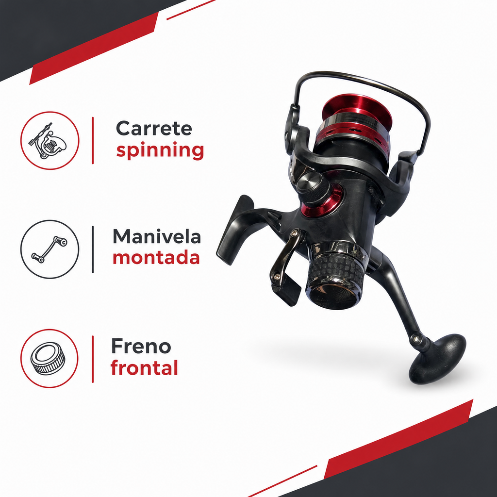 Carrete de pesca spinning rojo y negro con manivela