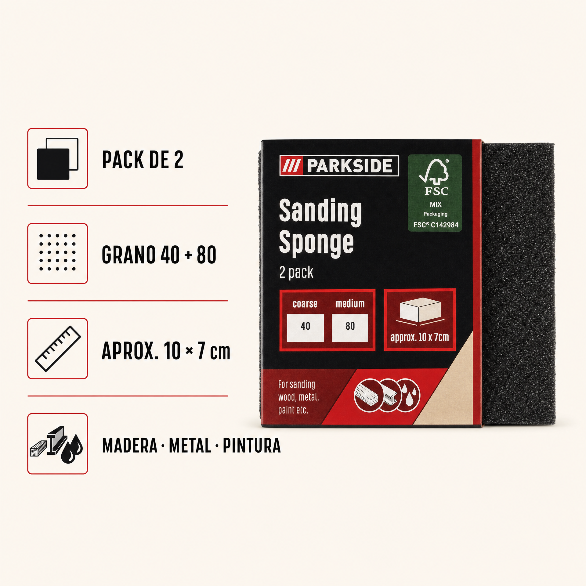 PARKSIDE Esponjas de Lijado Grano 40 y 80, Pack de 2
