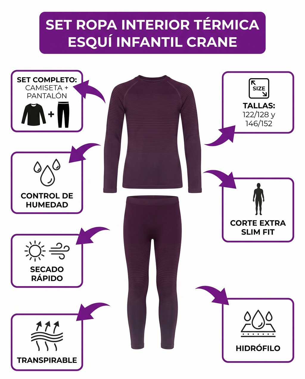 Set Ropa Interior Térmica Esquí Infantil Crane — Morado