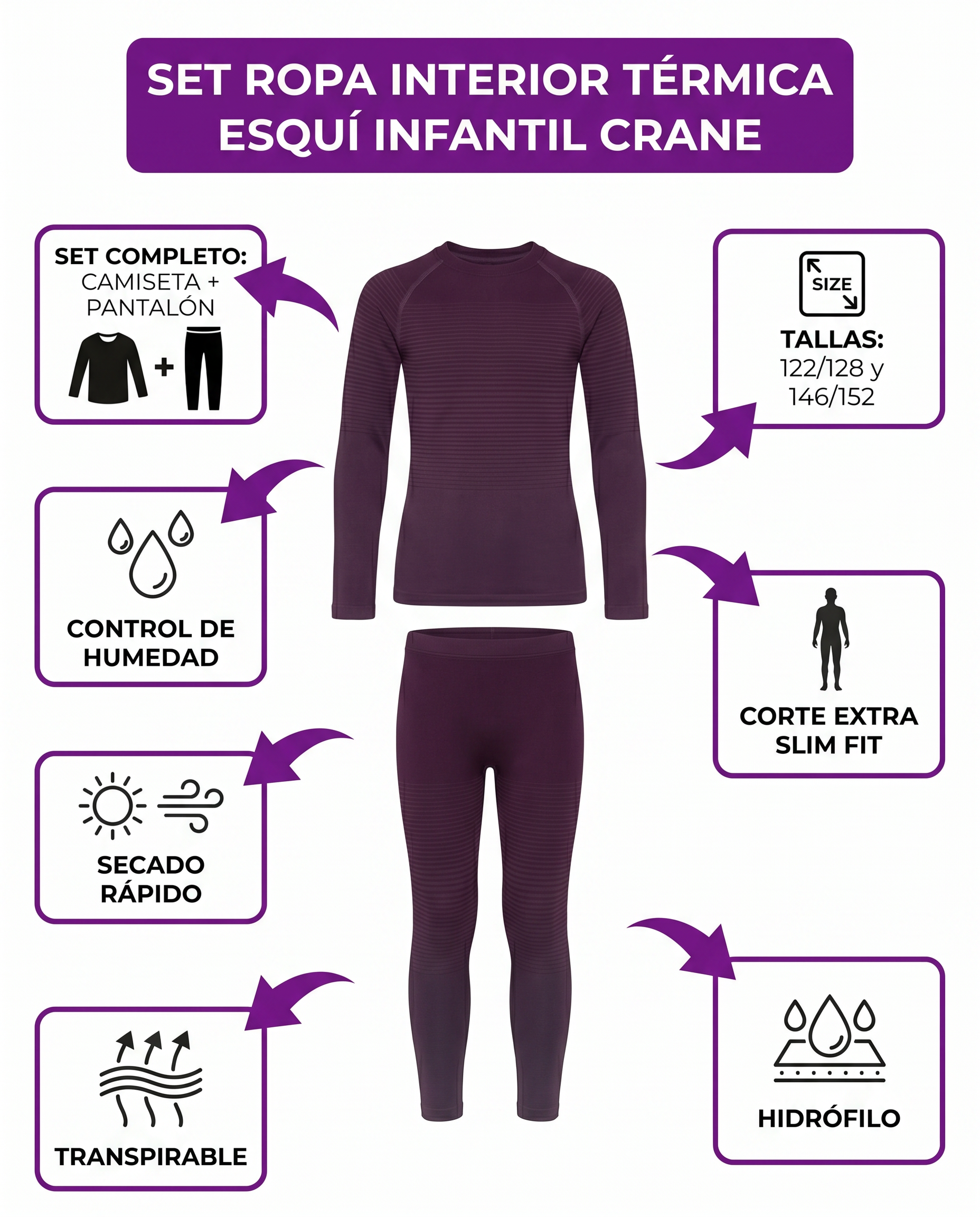 Set Ropa Interior Térmica Esquí Infantil Crane — Morado